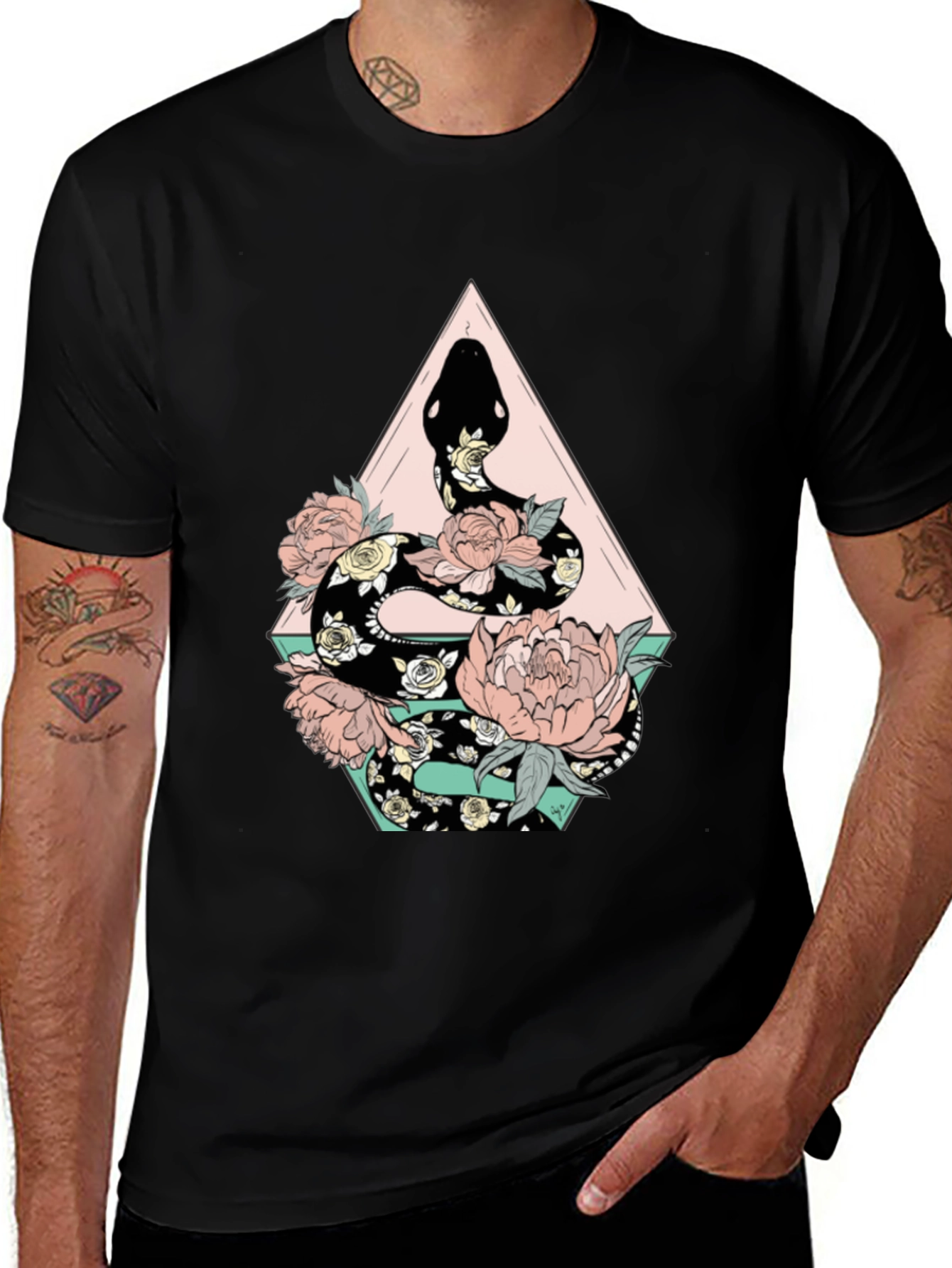 Floral Snake Graphic Tee - Stylish Black T-Shirt