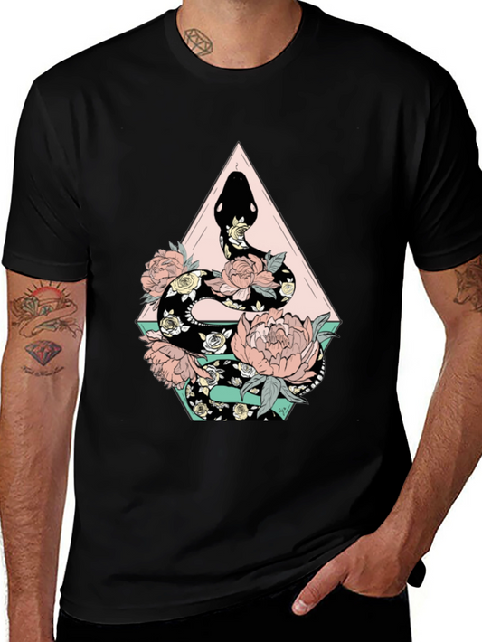 Floral Snake Graphic Tee - Stylish Black T-Shirt