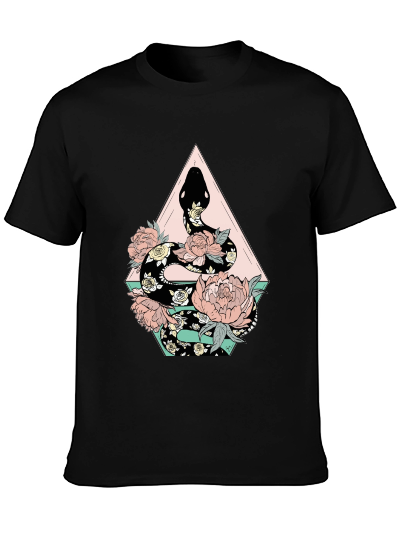 Floral Snake Graphic Tee - Stylish Black T-Shirt