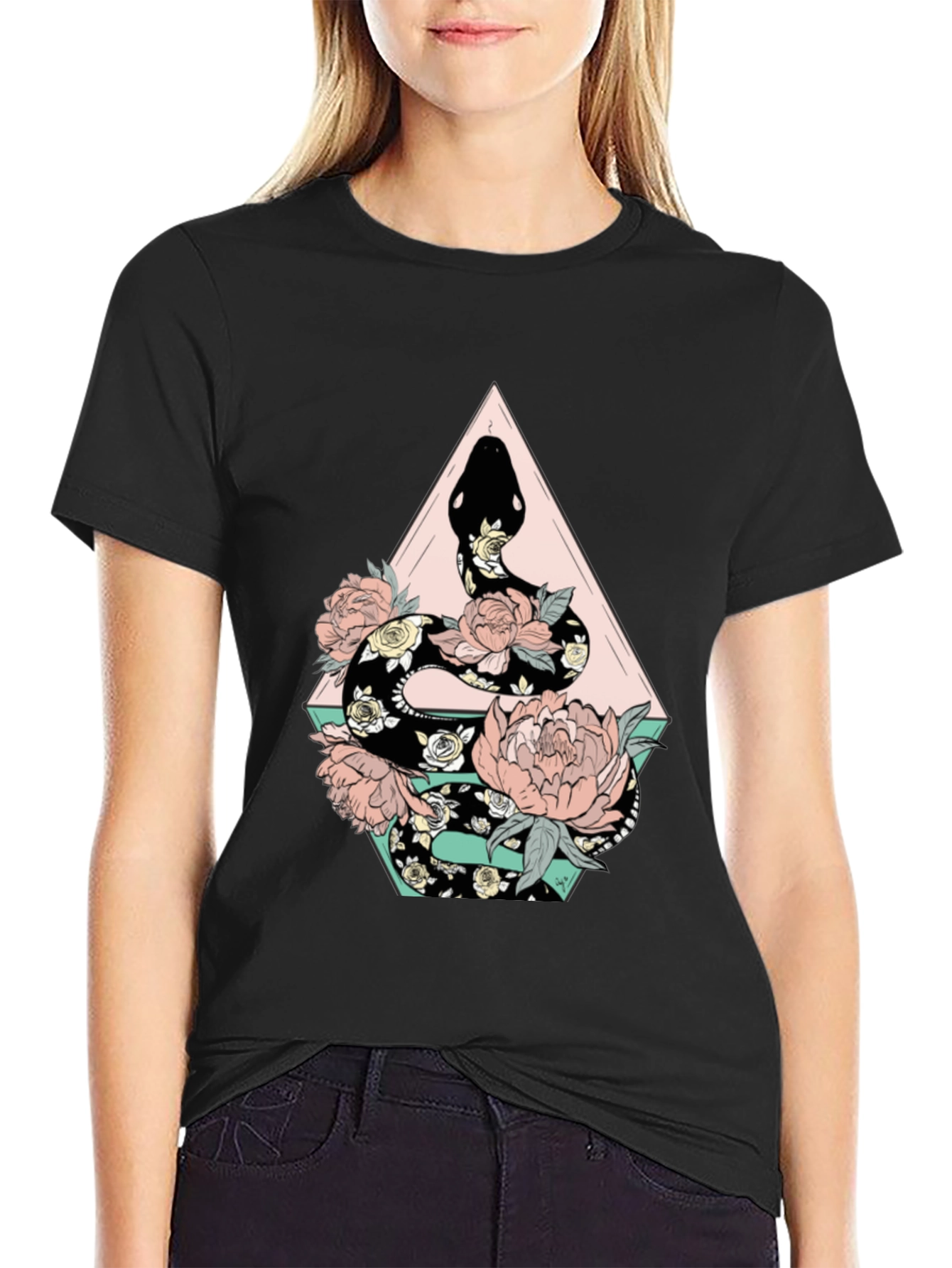 Floral Snake Graphic Tee - Stylish Black T-Shirt