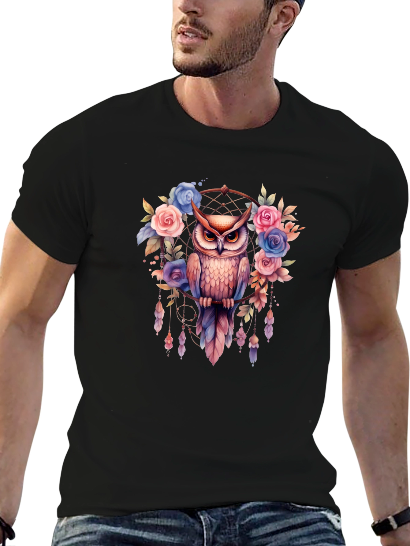 Owl Dreamcatcher Graphic Tee - Stylish Mens Black T-Shirt