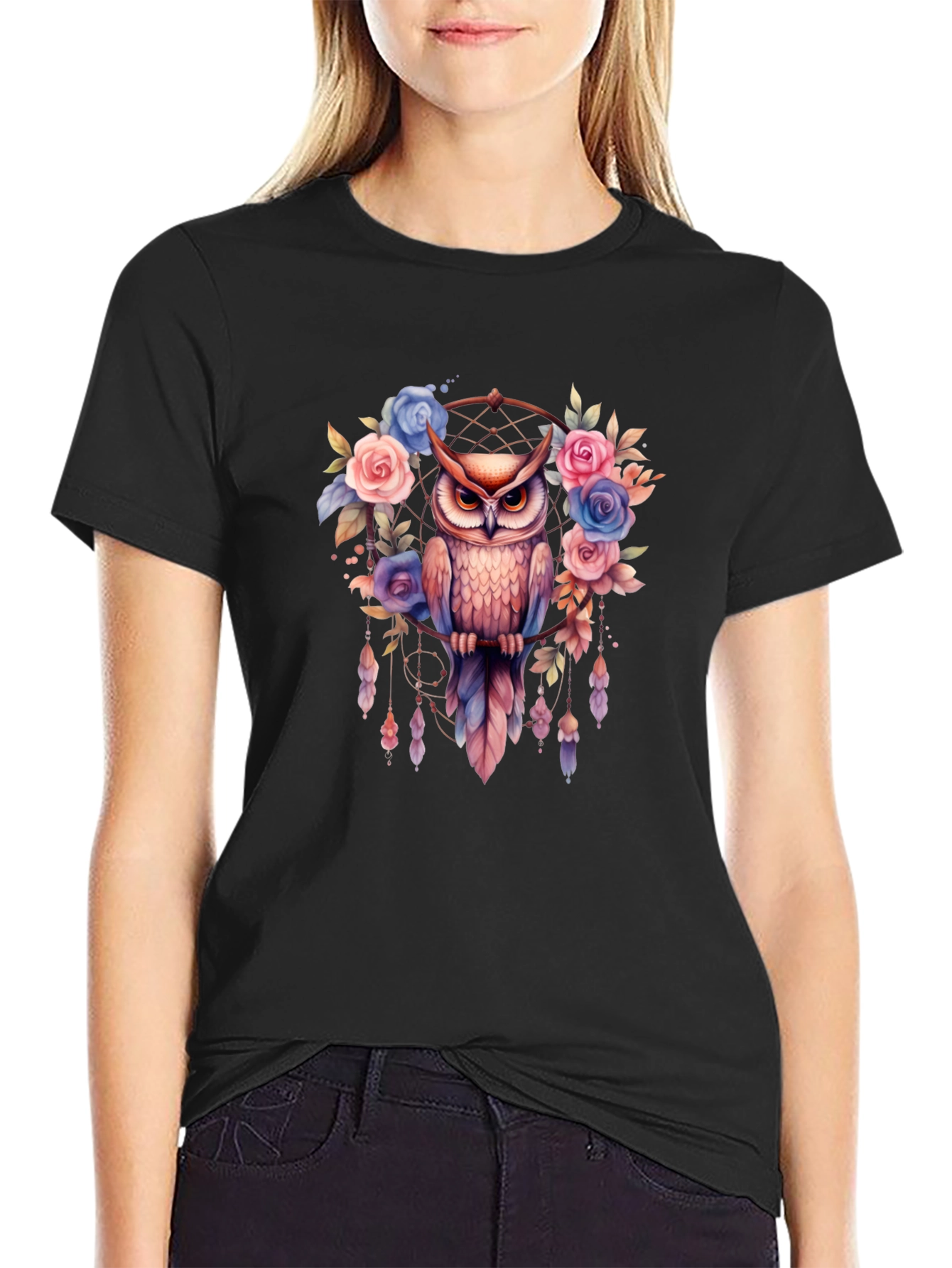 Owl Dreamcatcher Graphic Tee - Stylish Mens Black T-Shirt