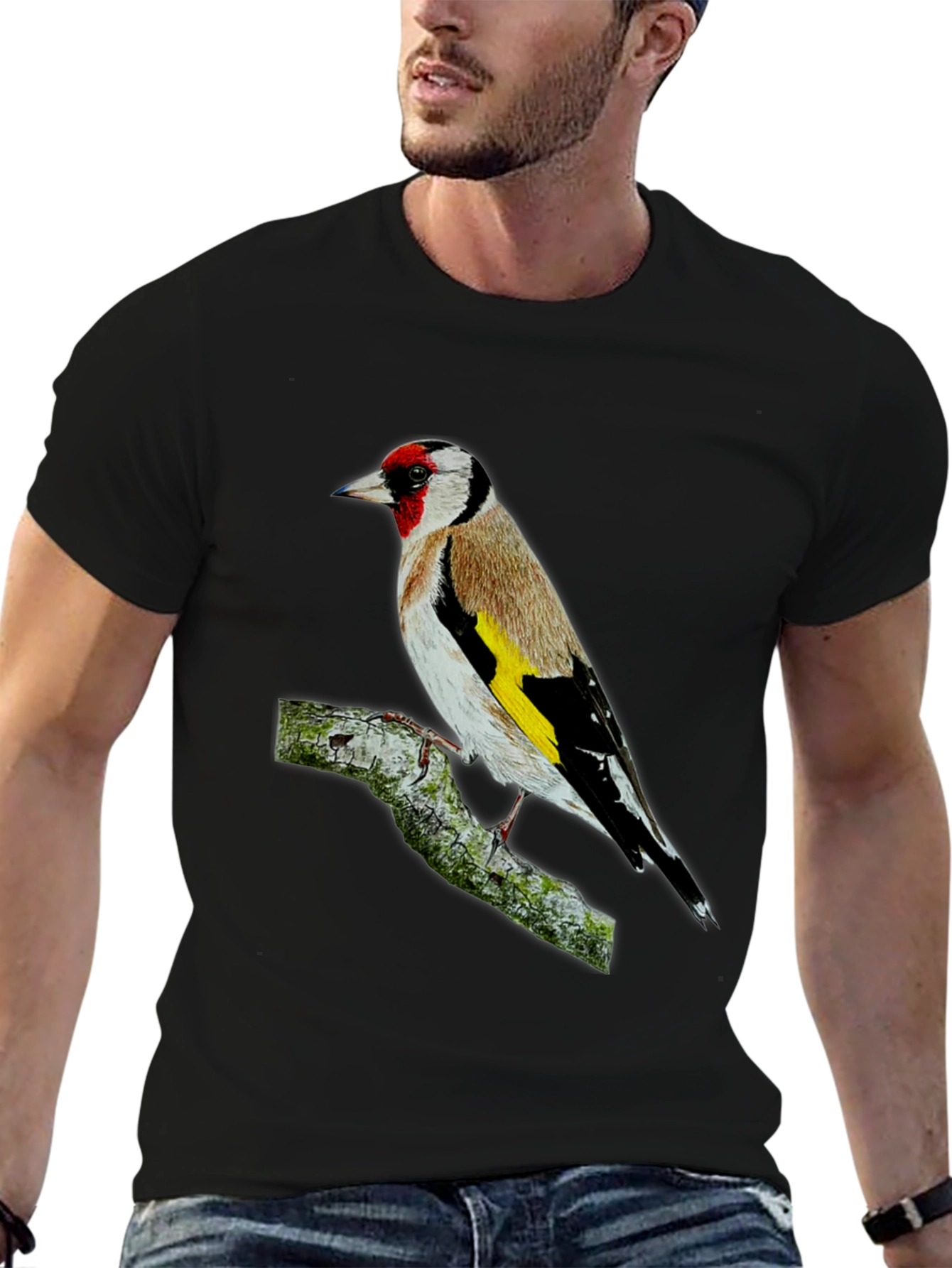 Goldfinch Bird Graphic Tee - Black Cotton T-Shirt