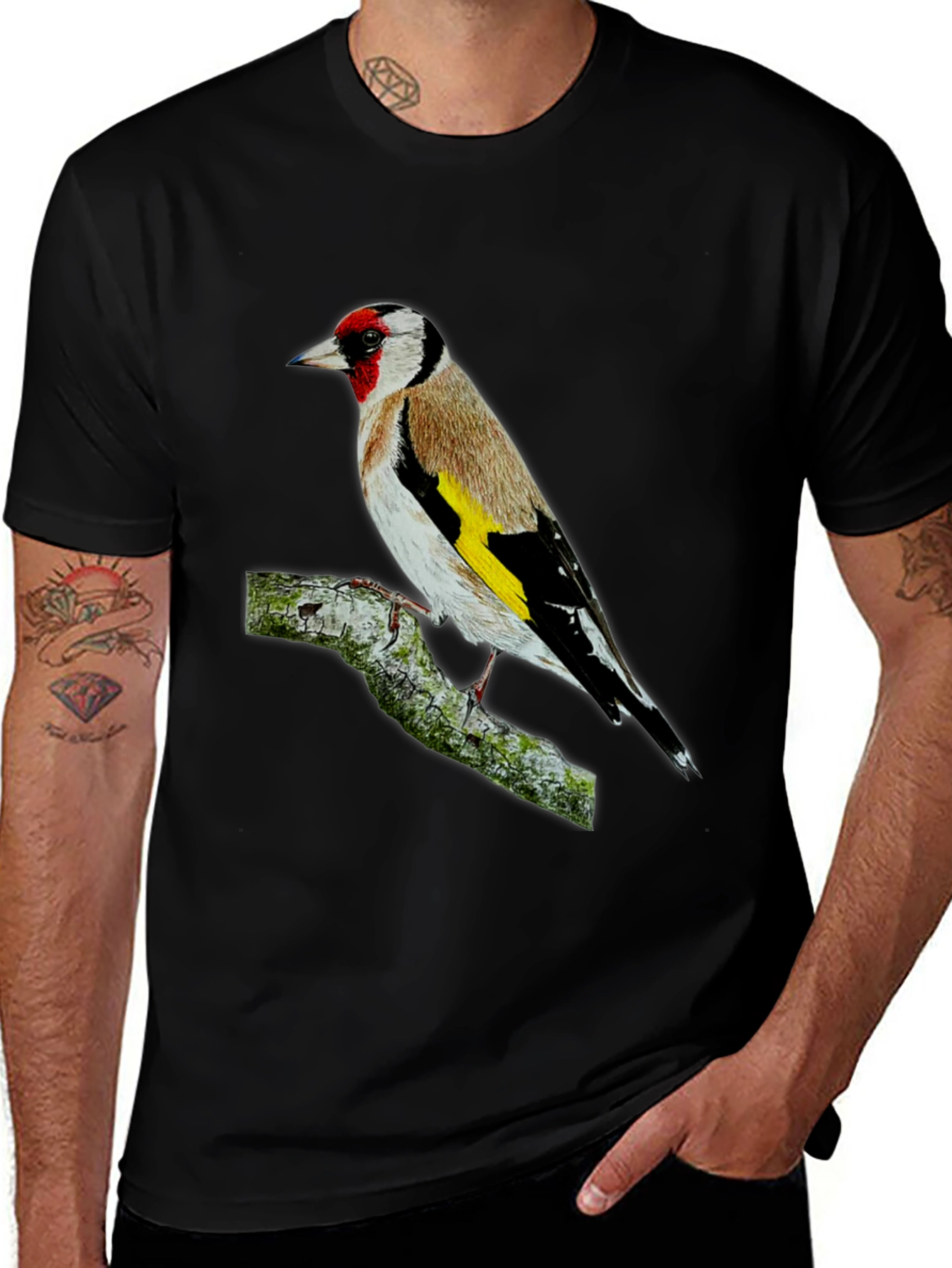 Goldfinch Bird Graphic Tee - Black Cotton T-Shirt