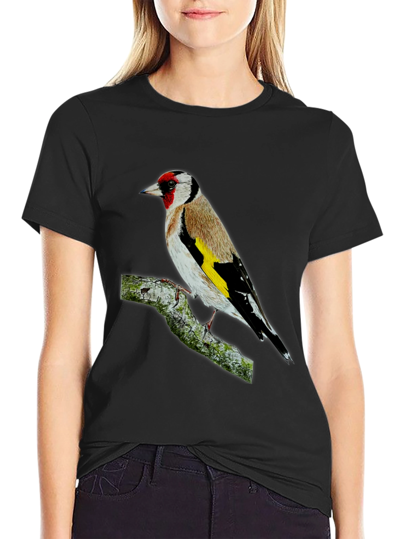 Goldfinch Bird Graphic Tee - Black Cotton T-Shirt