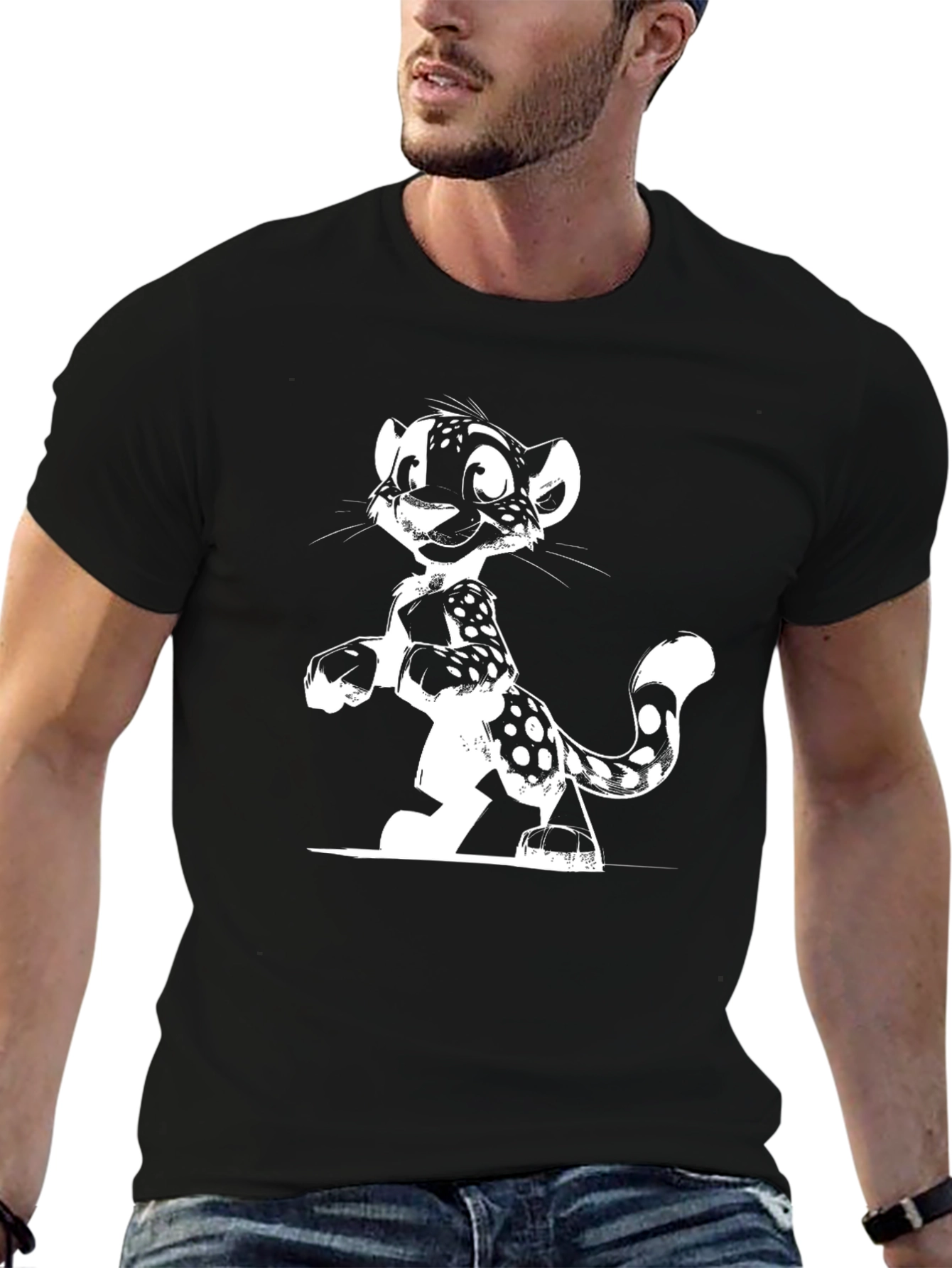 Cartoon Leopard Graphic Tee - Black