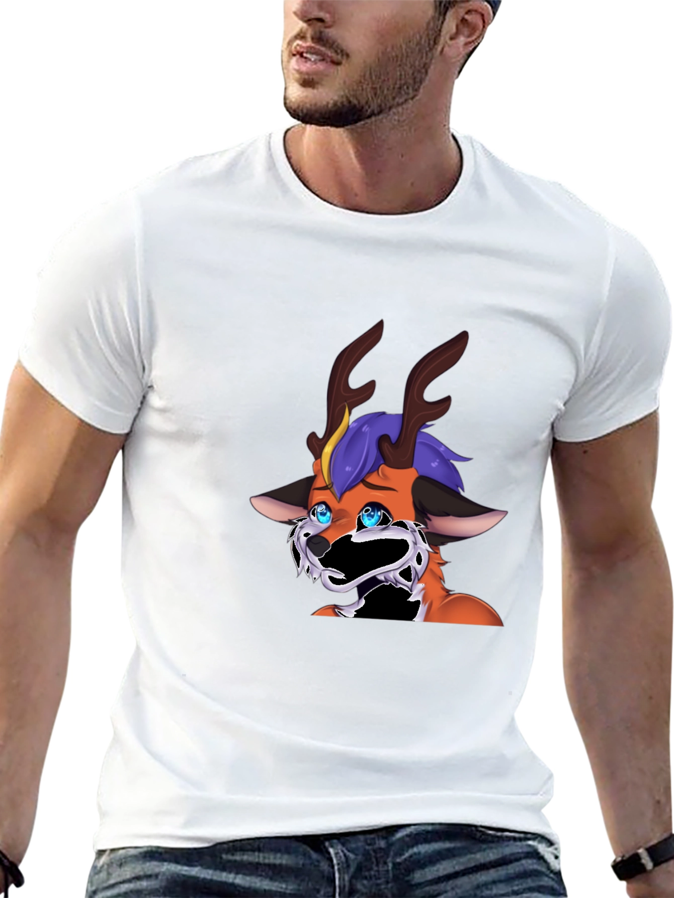 Unique Cartoon Deer Graphic Black T-Shirt