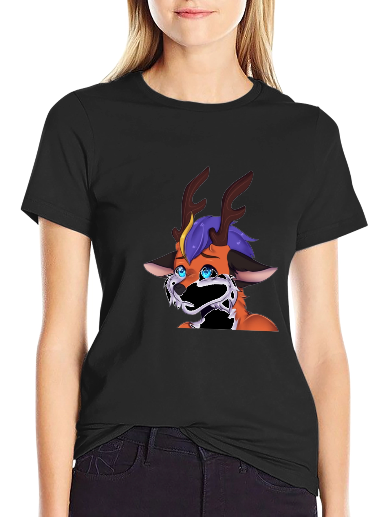 Unique Cartoon Deer Graphic Black T-Shirt