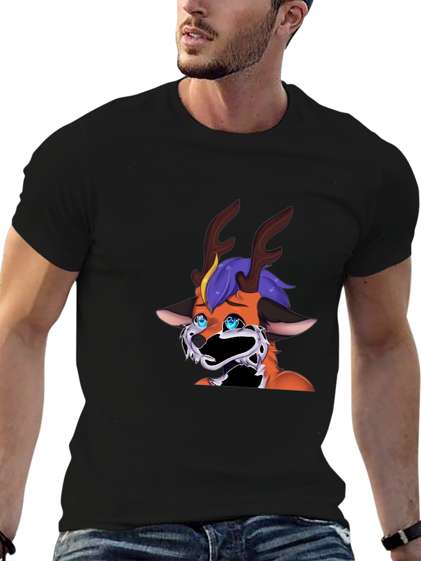 Unique Cartoon Deer Graphic Black T-Shirt