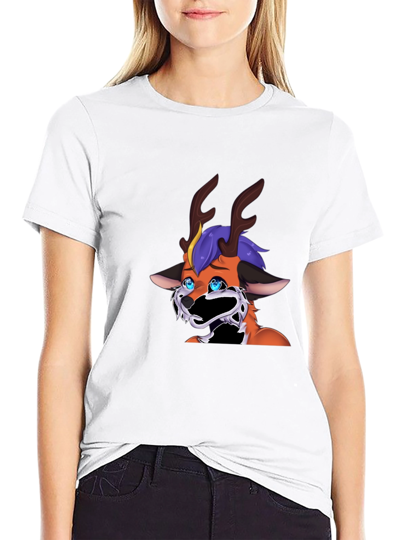 Unique Cartoon Deer Graphic Black T-Shirt