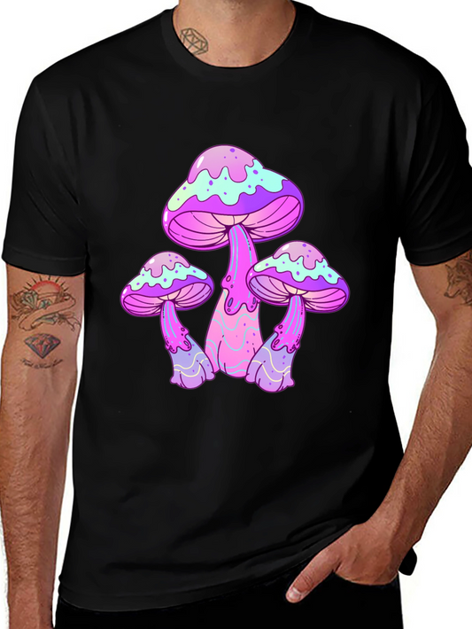Funky Mushroom Graphic Tee - Black Cotton T-Shirt
