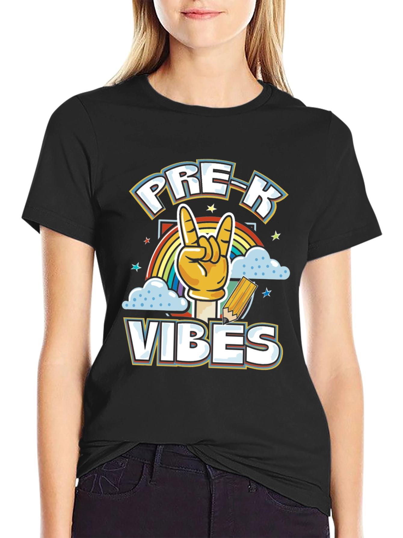 Pre-K Vibes Graphic Tee - Rock On Rainbow Shirt
