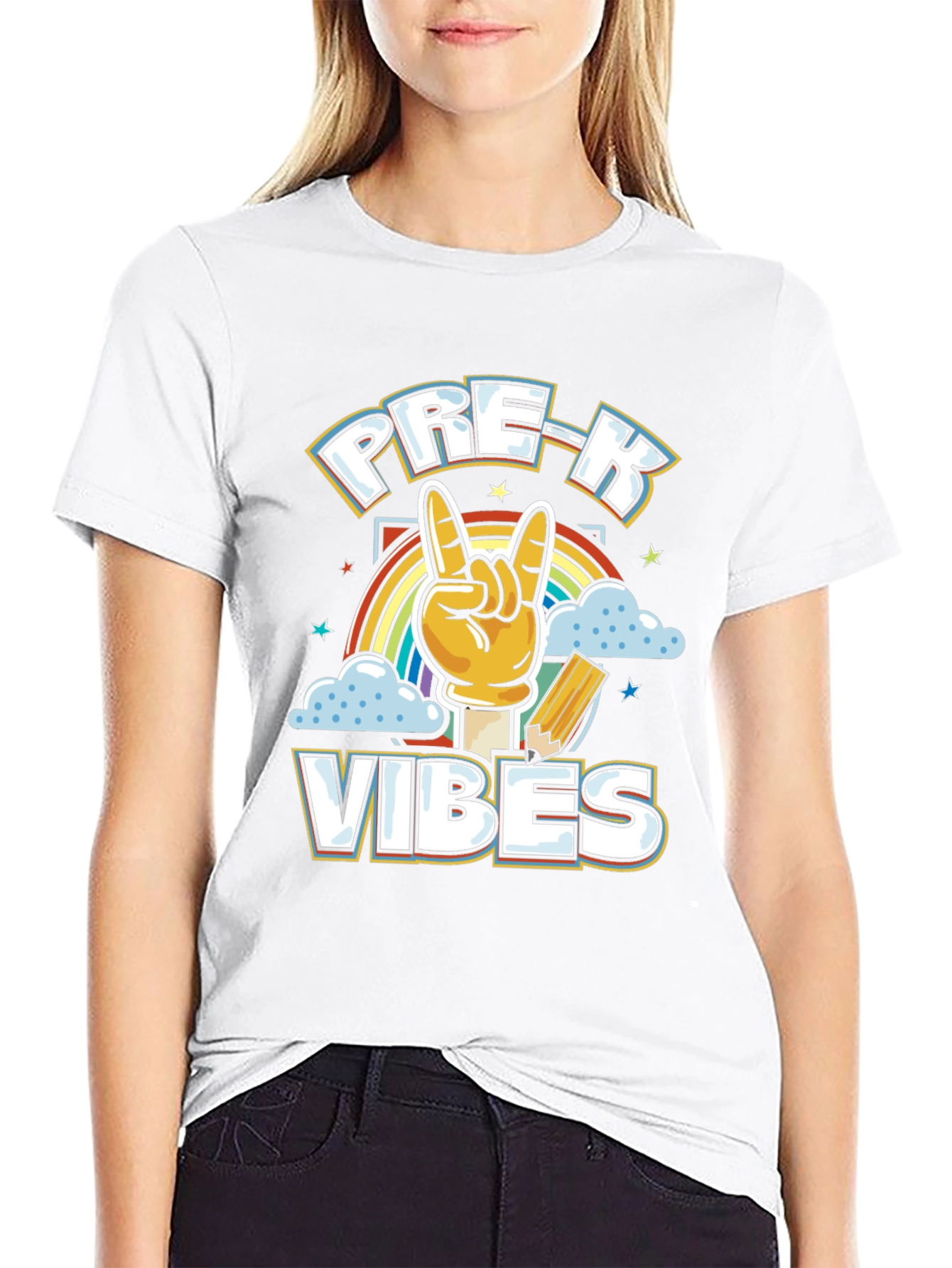 Pre-K Vibes Graphic Tee - Rock On Rainbow Shirt