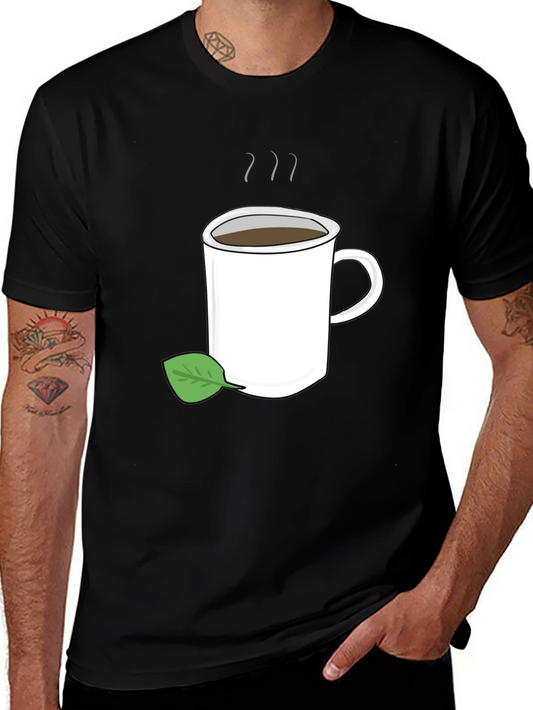 Tea Time T-Shirt - Coffee Cup & Green Leaf Design
