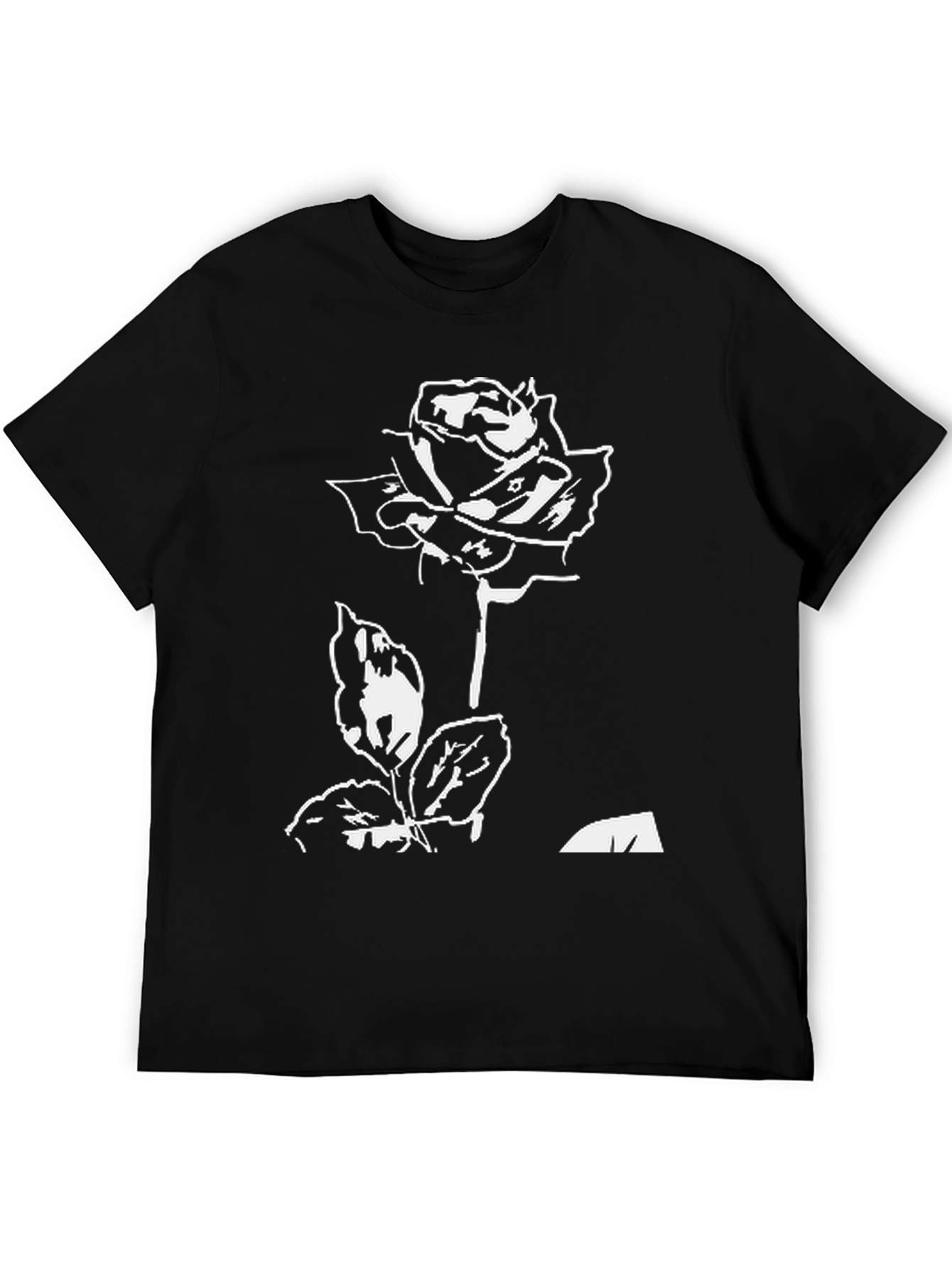 Black T-Shirt with White Rose Design