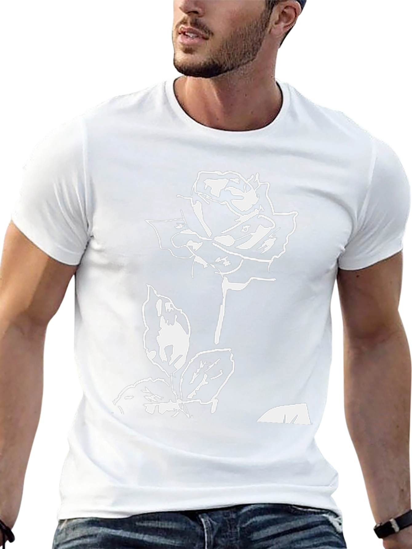 Black T-Shirt with White Rose Design