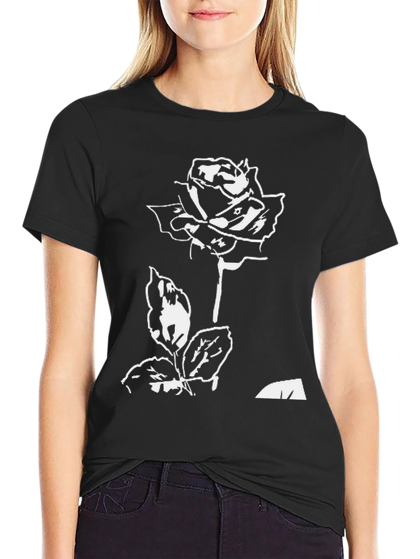 Black T-Shirt with White Rose Design