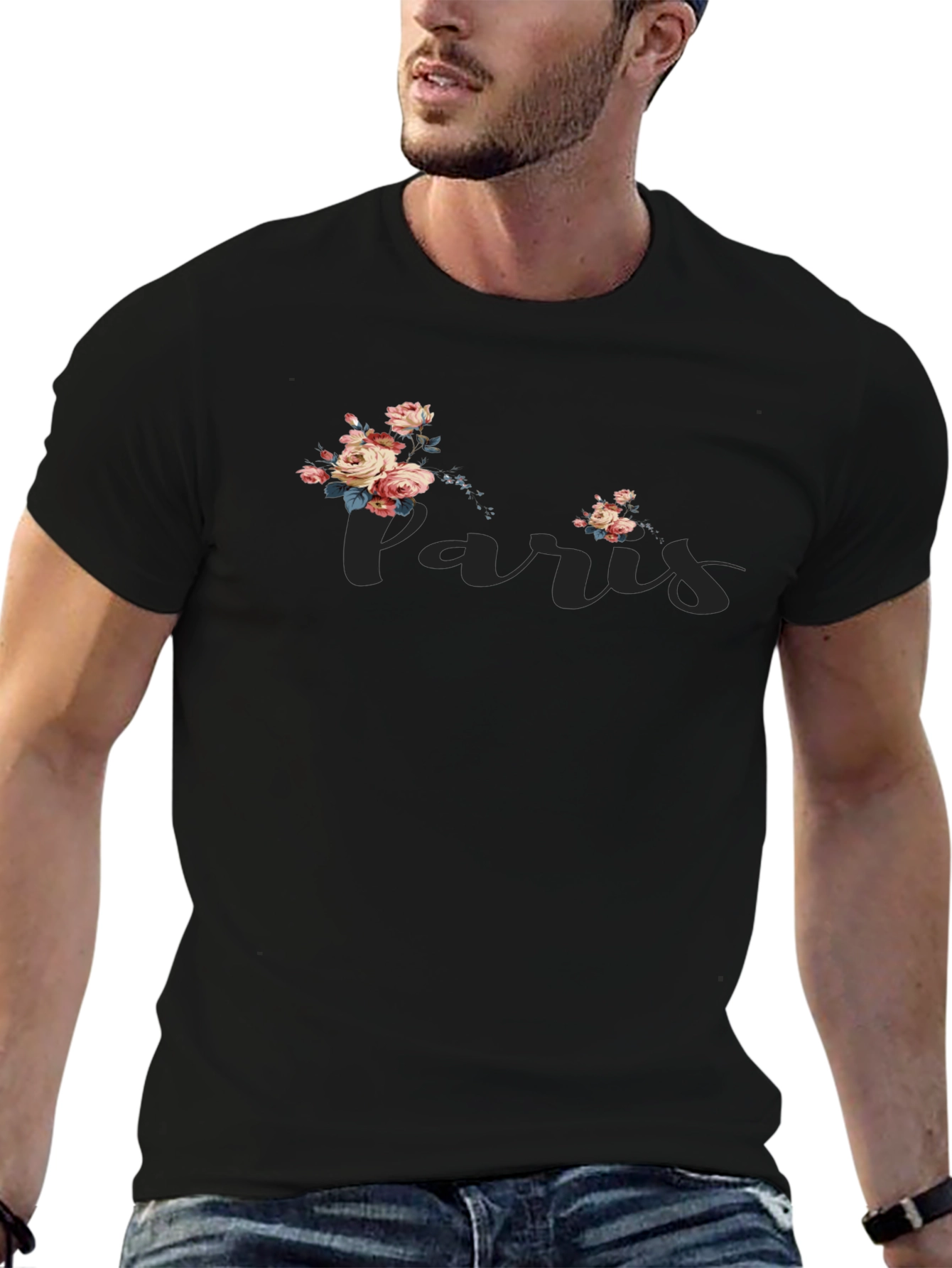 Paris Floral Graphic Tee - Stylish Black T-Shirt