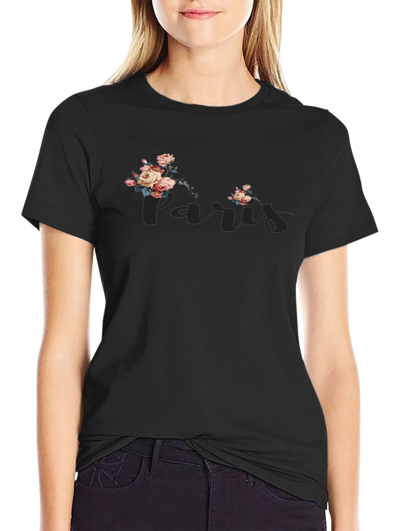 Paris Floral Graphic Tee - Stylish Black T-Shirt