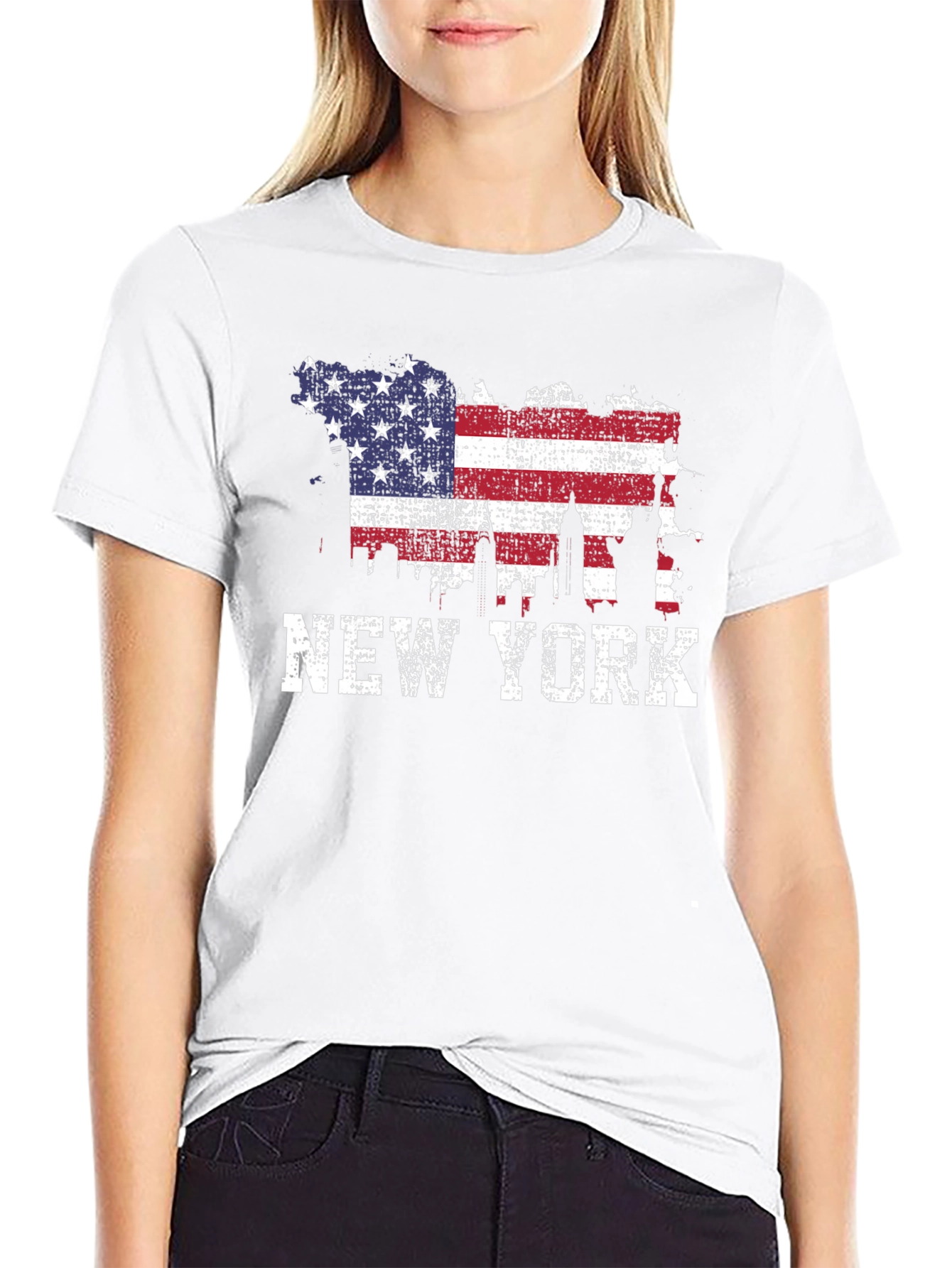 New York Skyline USA Flag Graphic T-Shirt