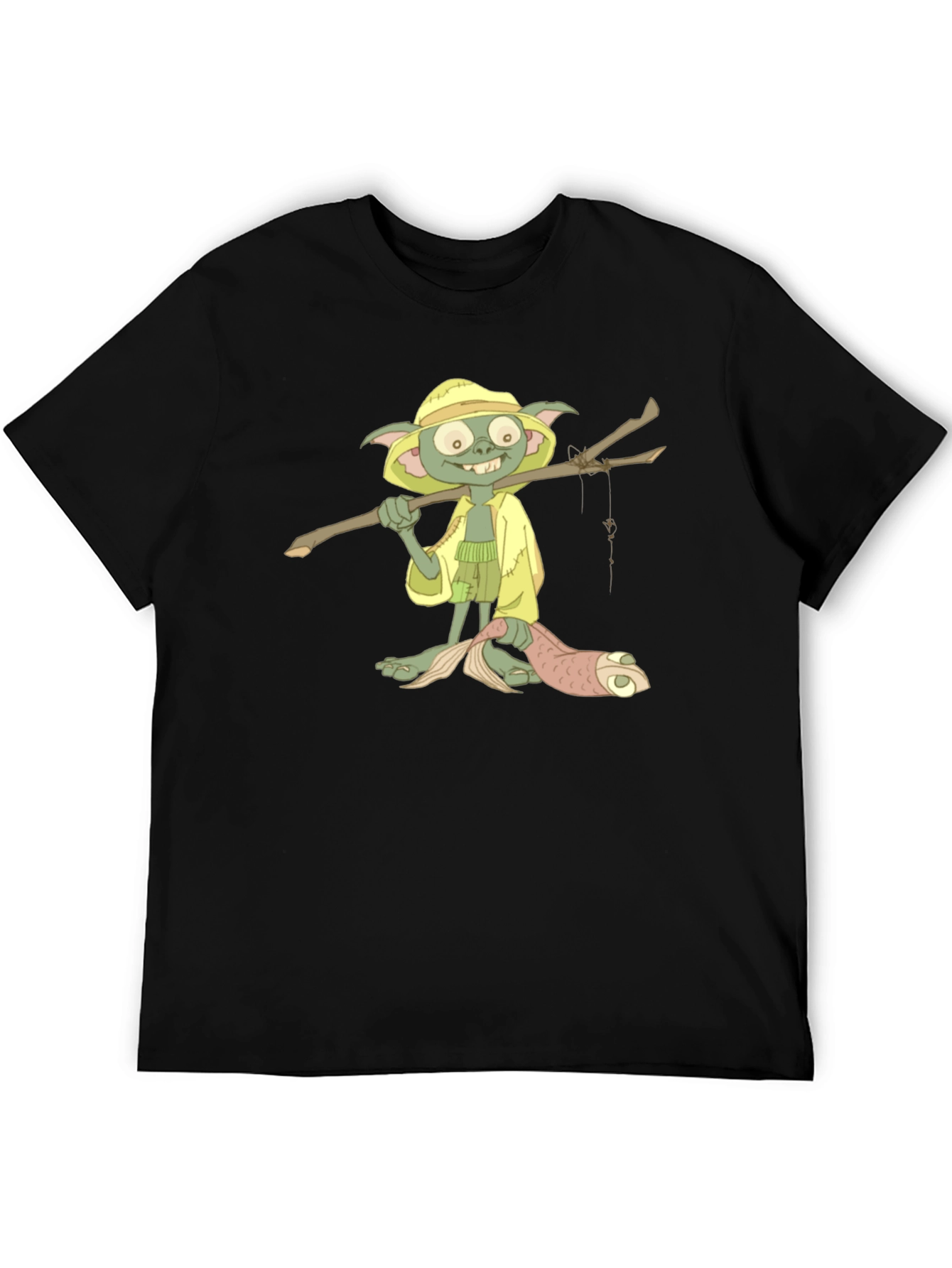 T-Shirt with Cartoon Goblin Fisherman Print