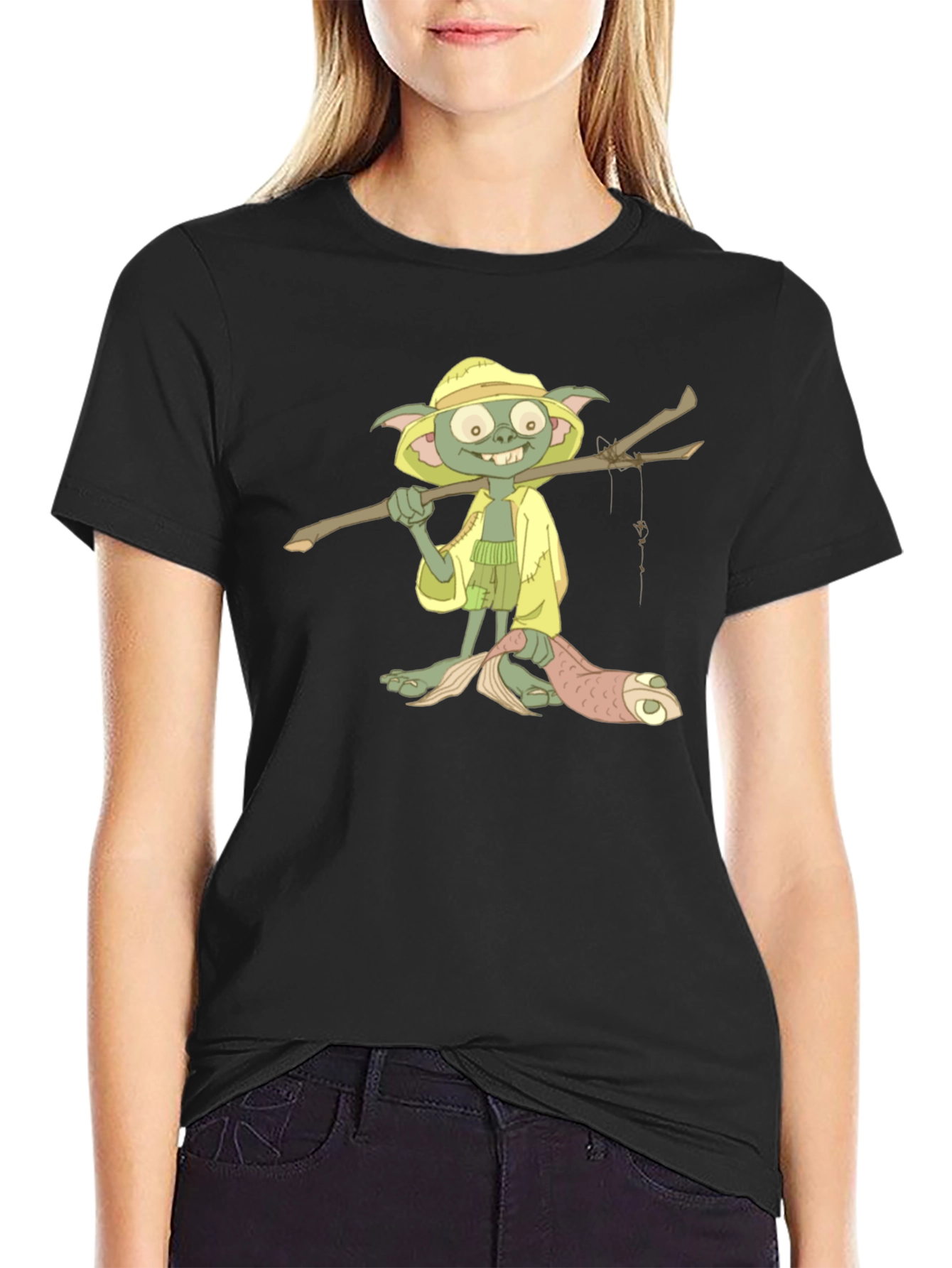 T-Shirt with Cartoon Goblin Fisherman Print
