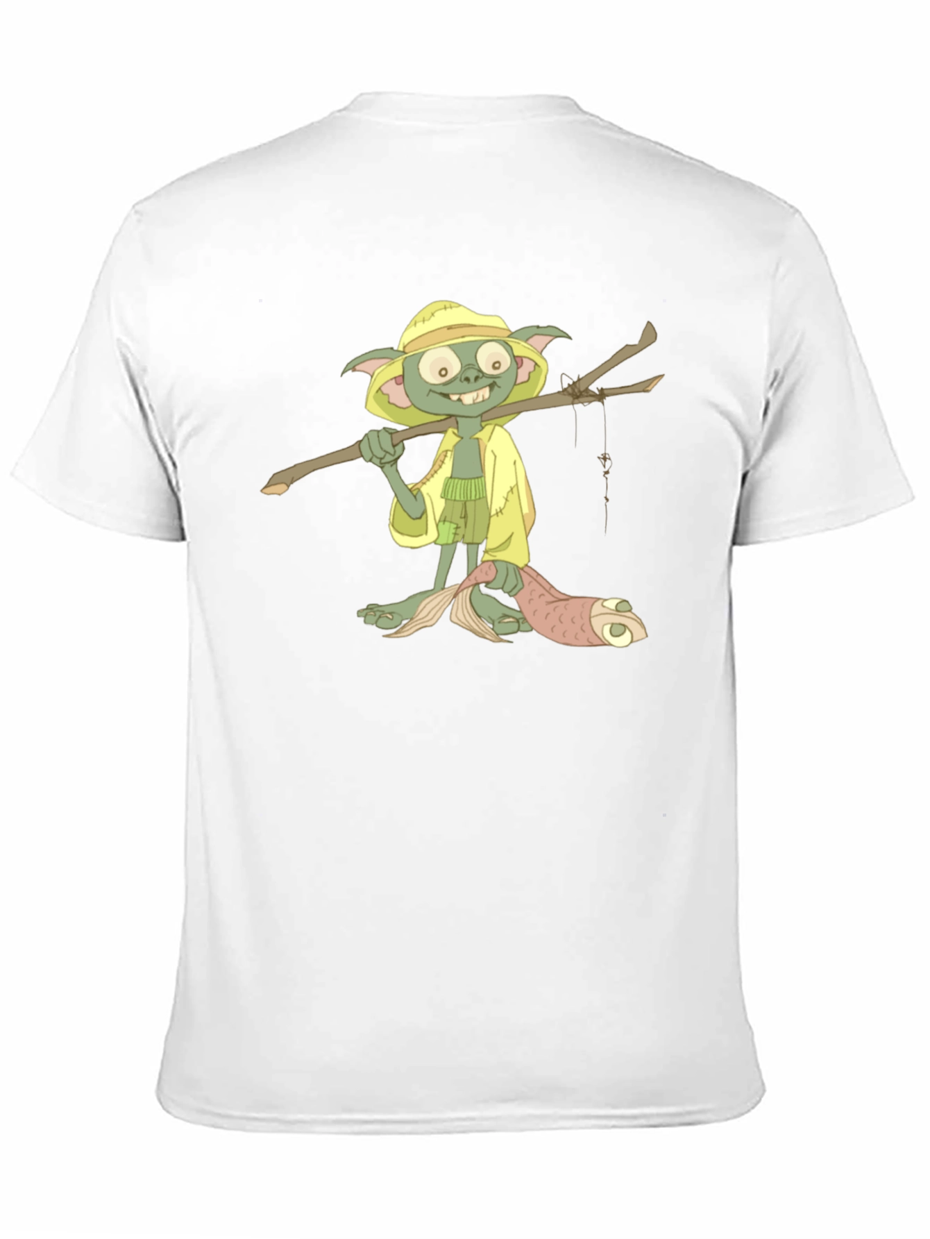 T-Shirt with Cartoon Goblin Fisherman Print