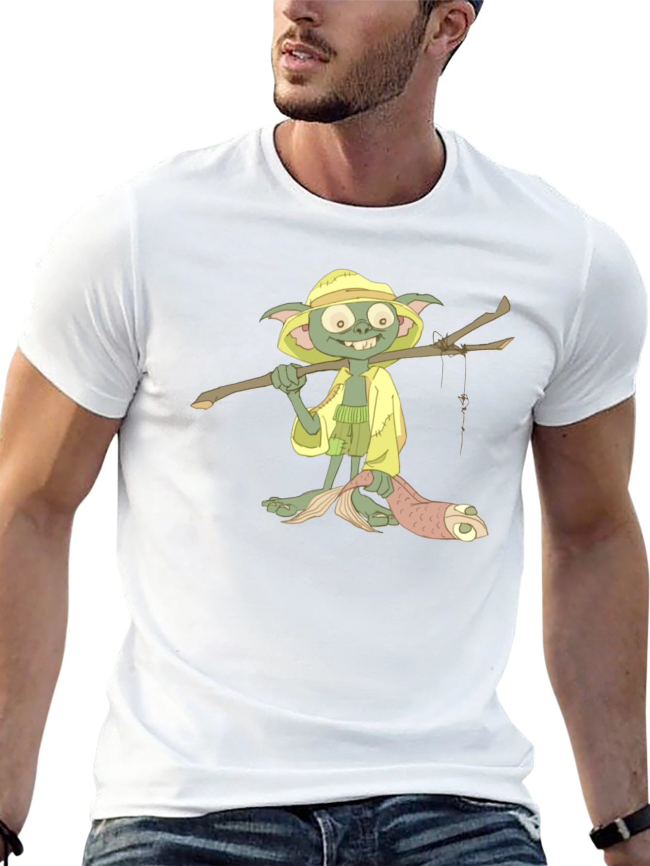 T-Shirt with Cartoon Goblin Fisherman Print