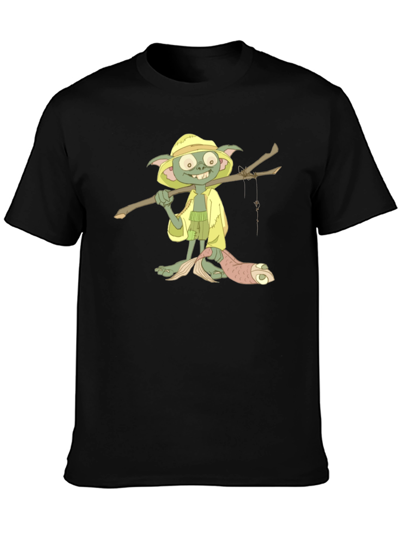 T-Shirt with Cartoon Goblin Fisherman Print