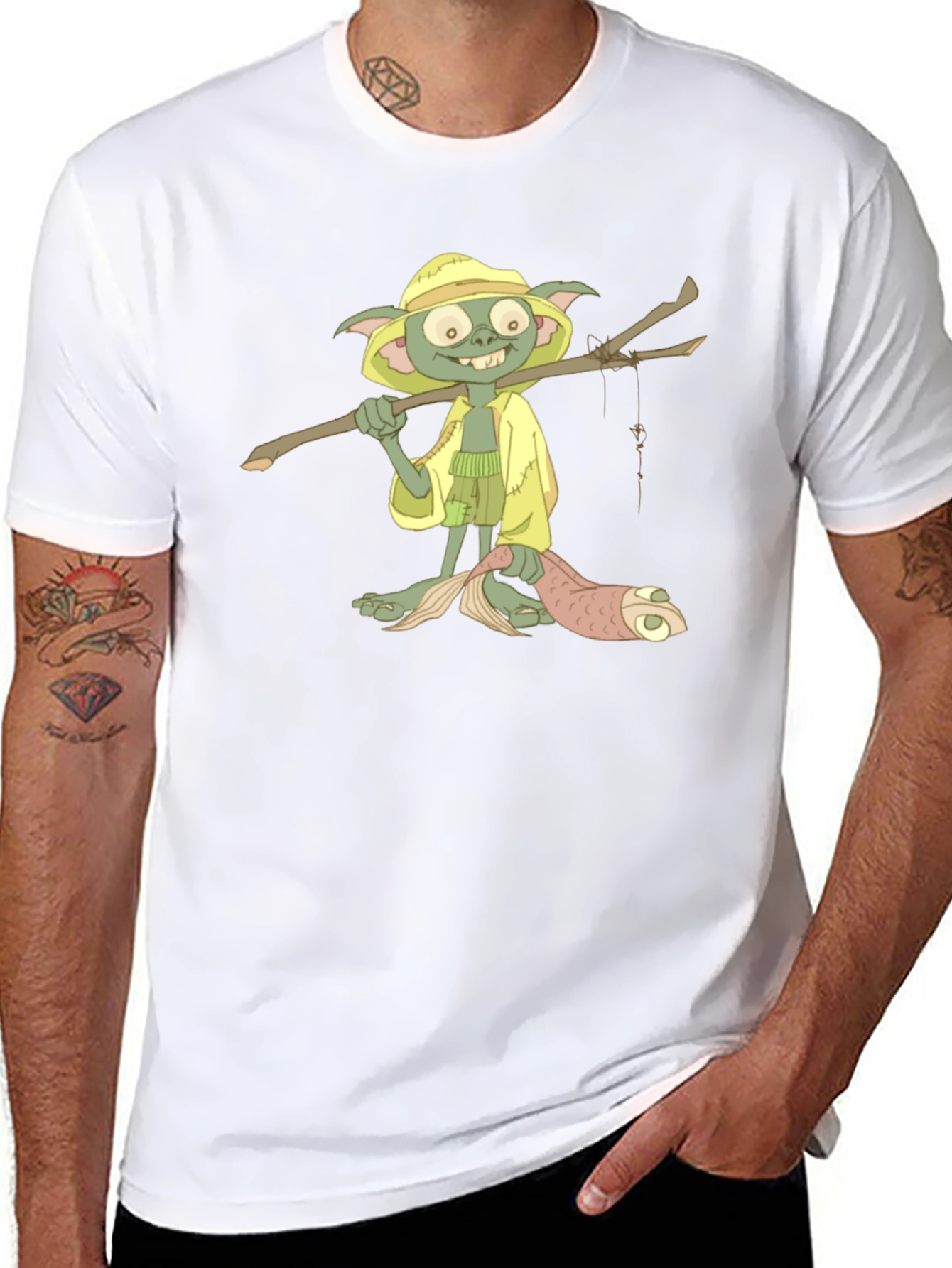 T-Shirt with Cartoon Goblin Fisherman Print