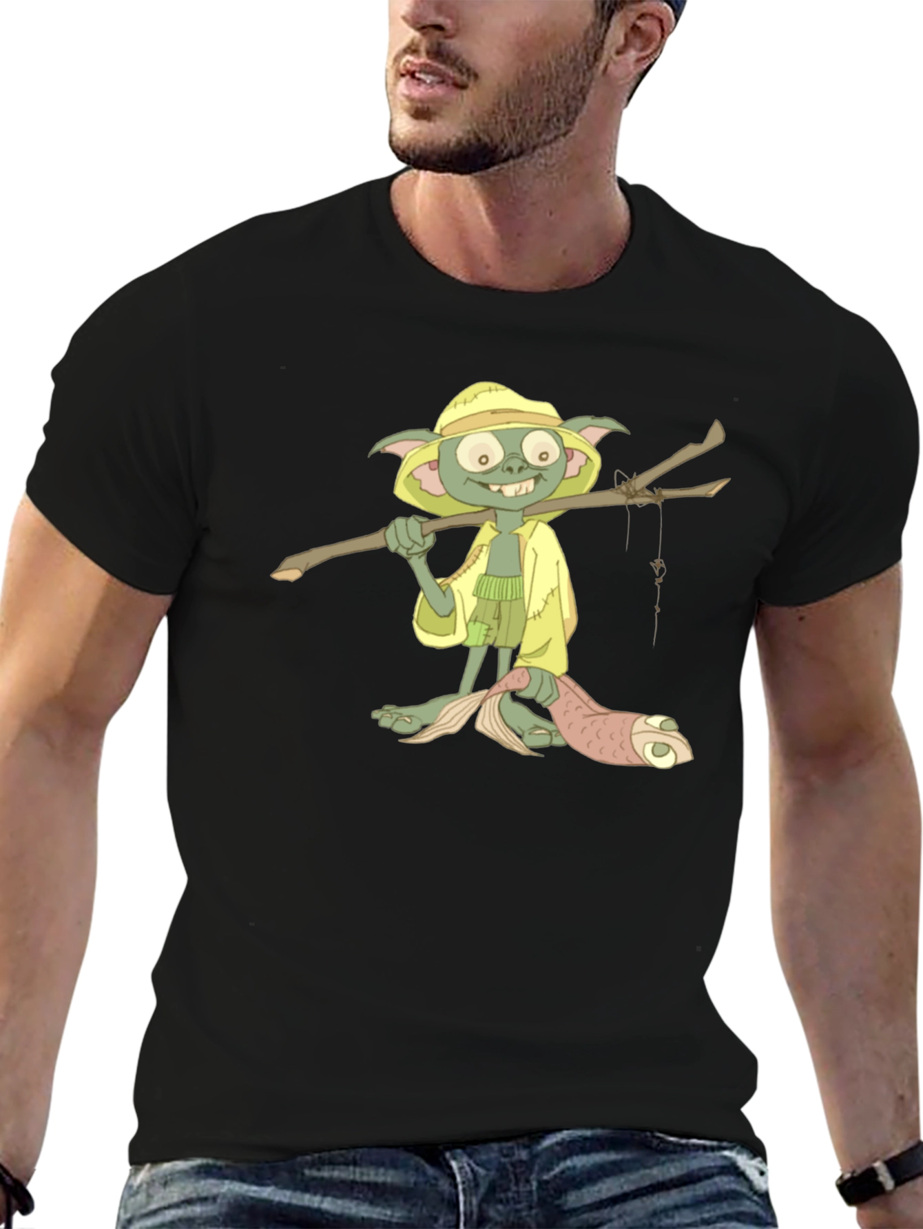T-Shirt with Cartoon Goblin Fisherman Print