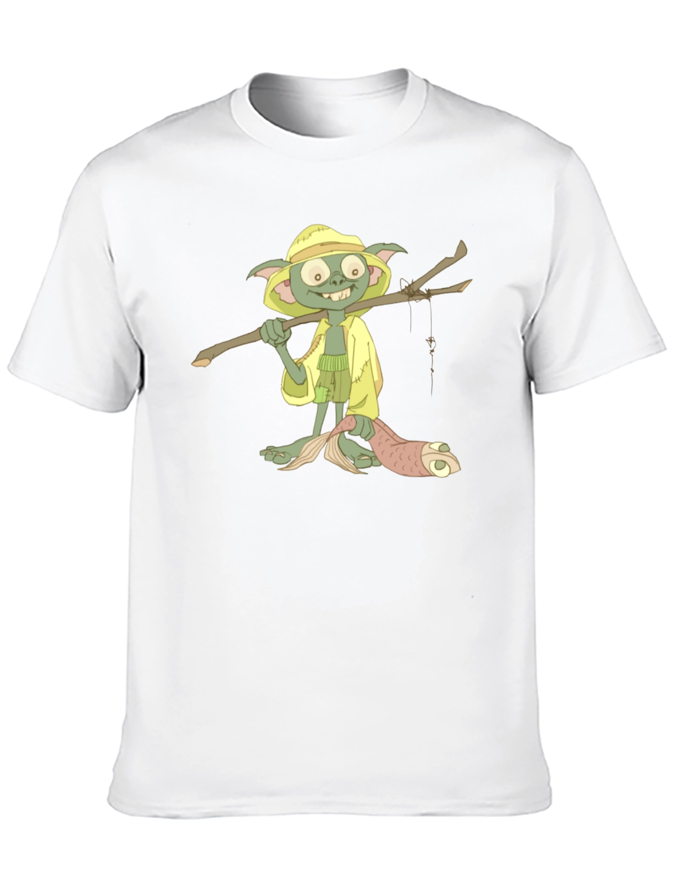 T-Shirt with Cartoon Goblin Fisherman Print