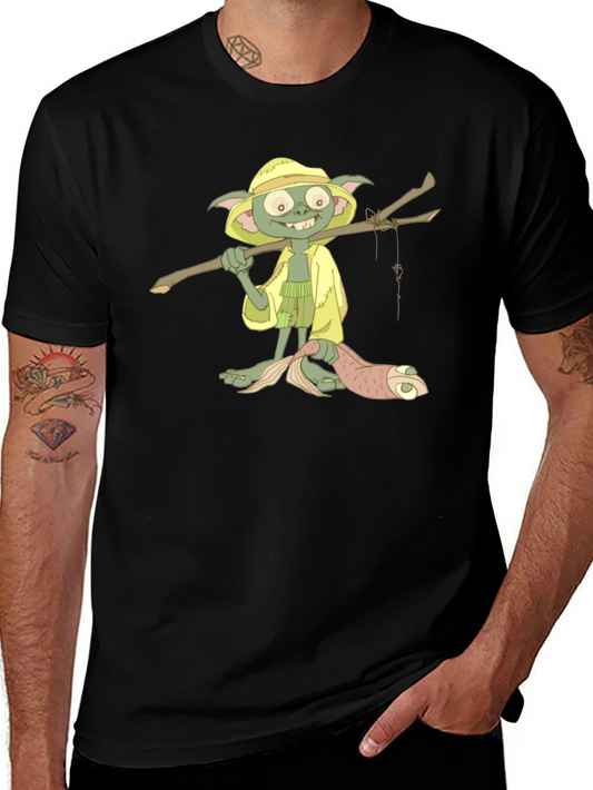T-Shirt with Cartoon Goblin Fisherman Print