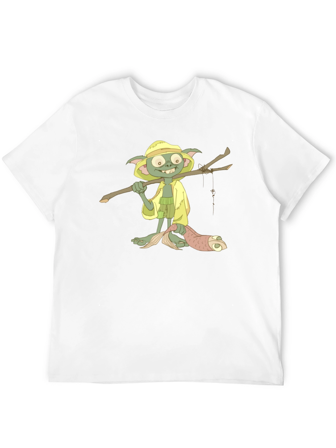 T-Shirt with Cartoon Goblin Fisherman Print
