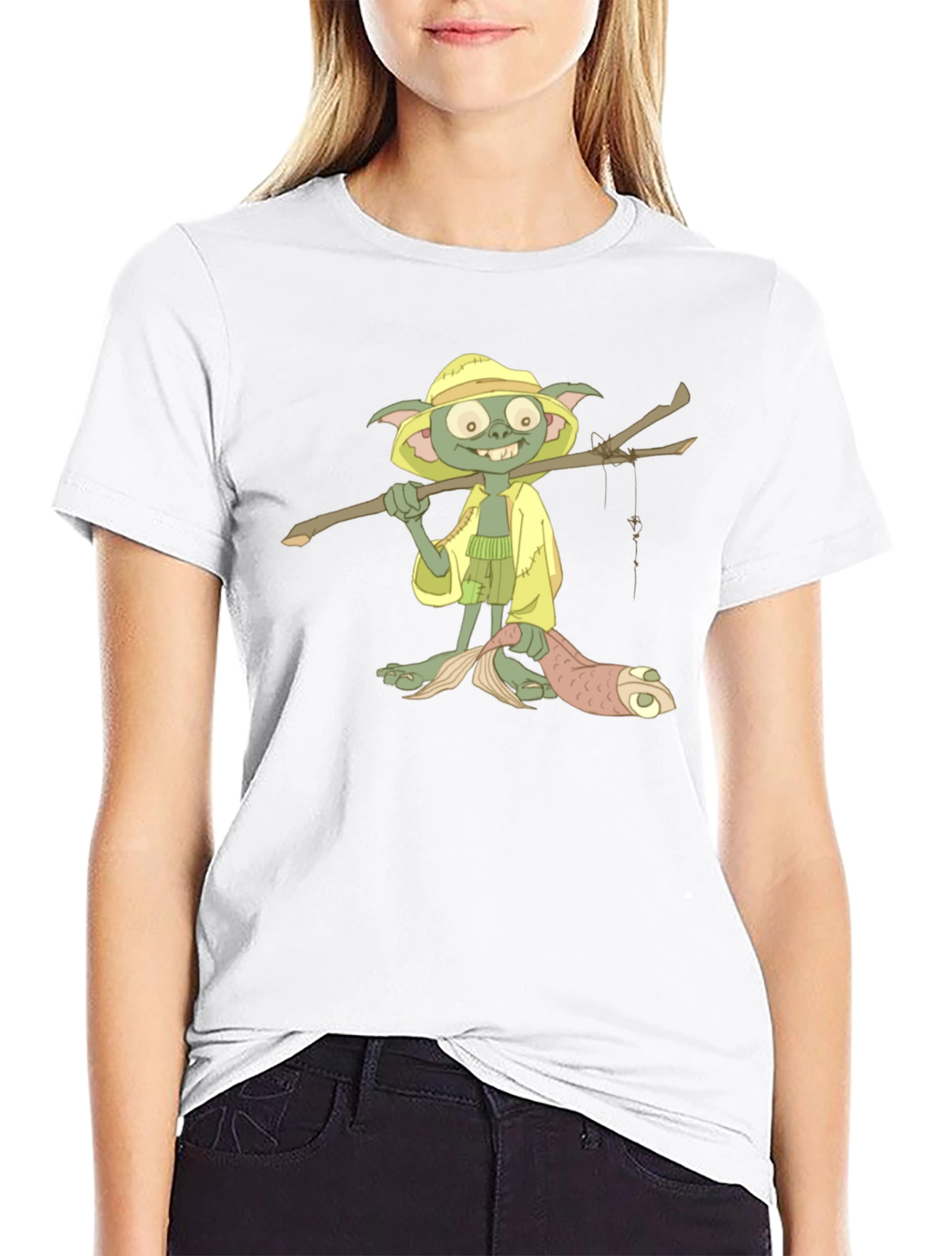 T-Shirt with Cartoon Goblin Fisherman Print