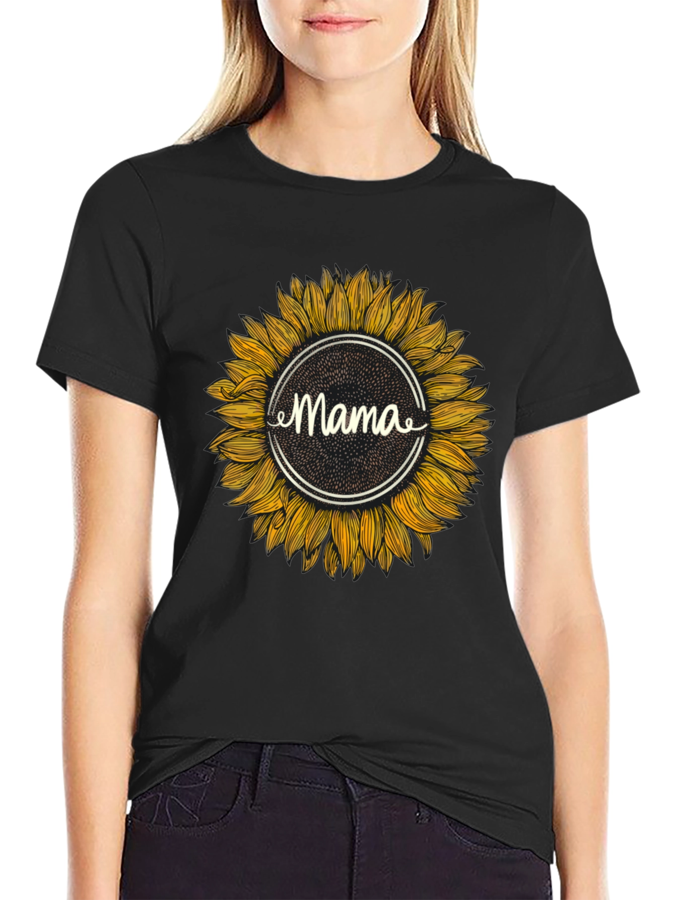 Mama Sunflower Graphic T-Shirt - Black Cotton