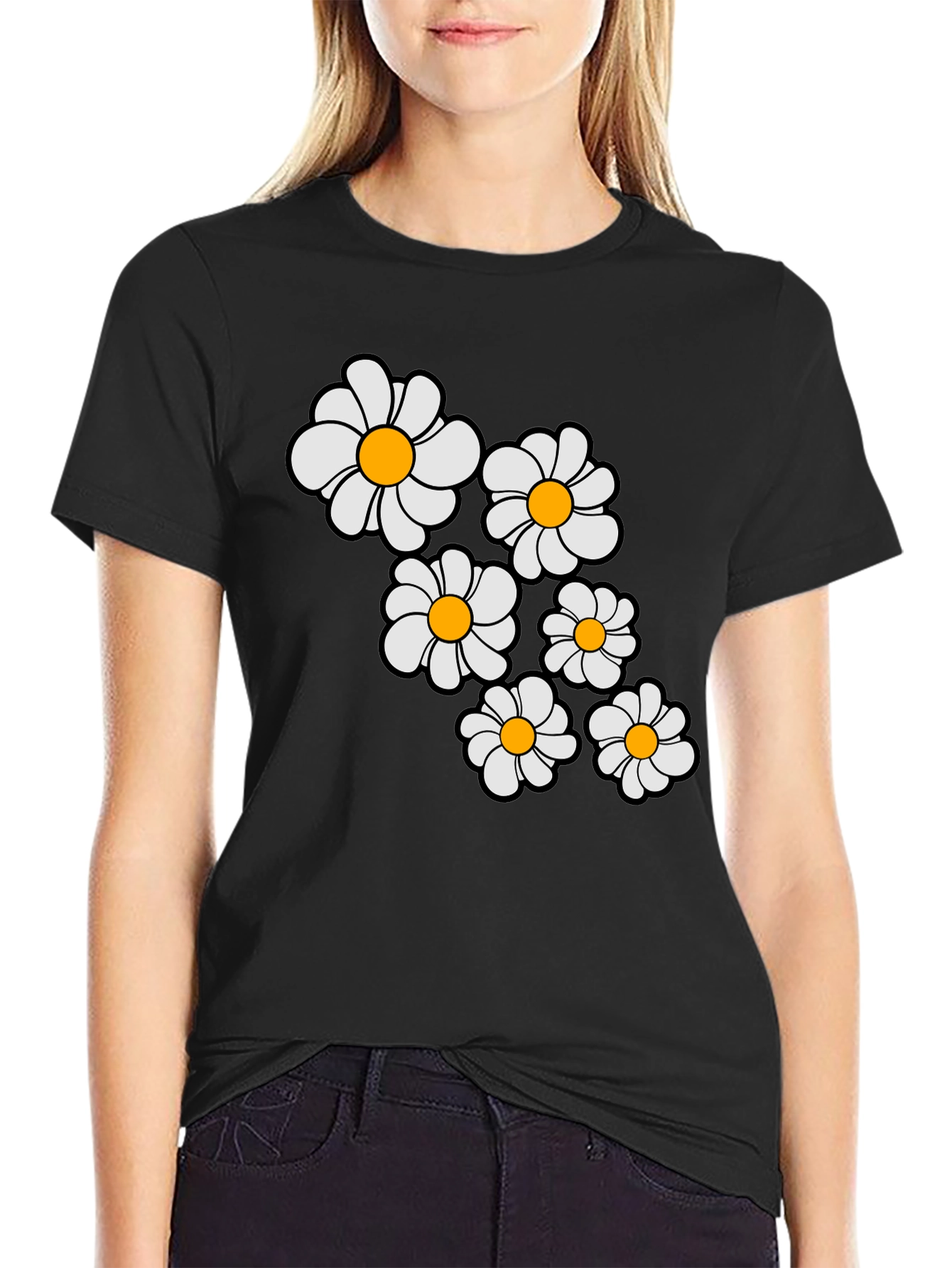 Daisy Flower Graphic Print Black T-Shirt
