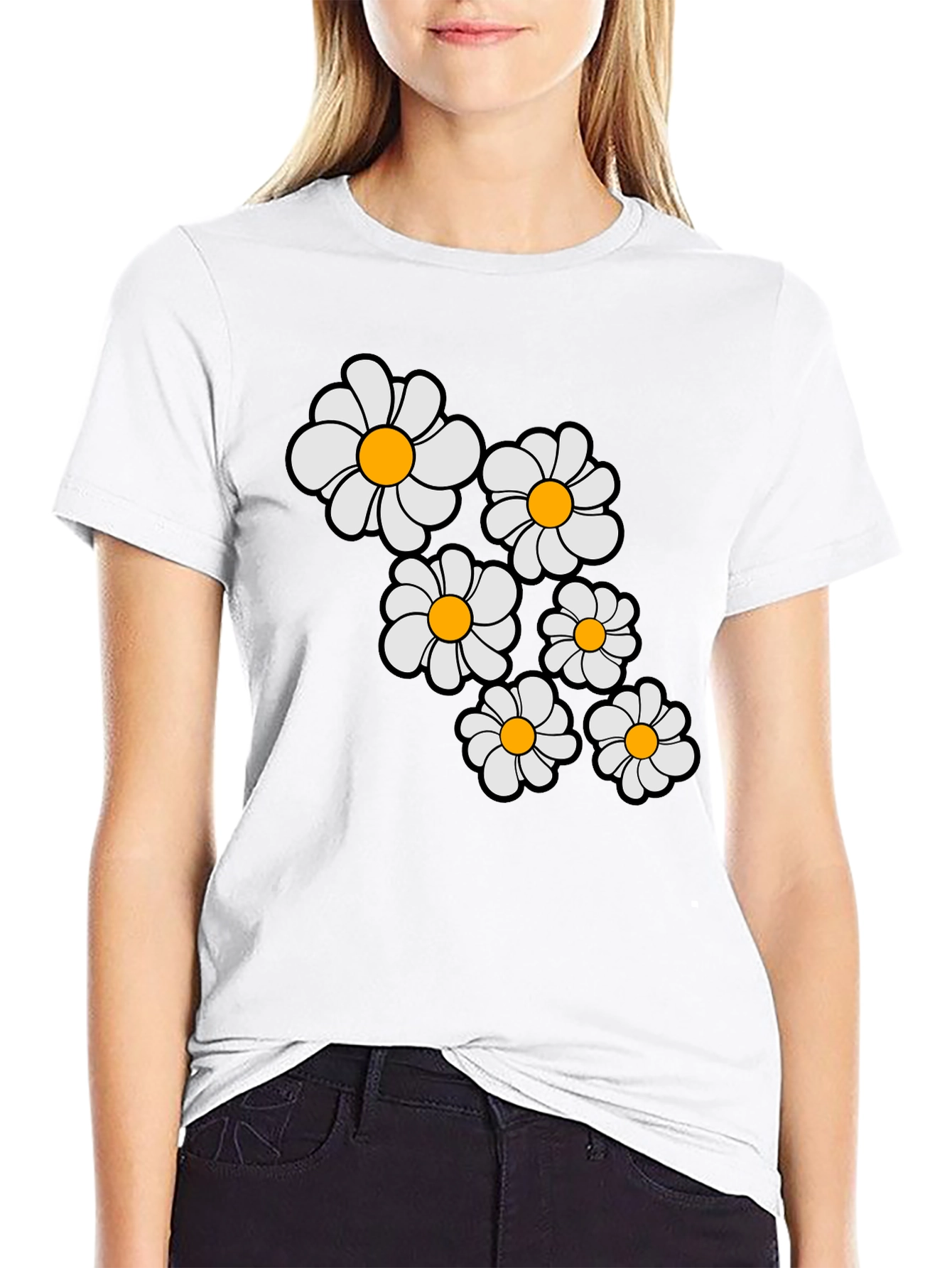 Daisy Flower Graphic Print Black T-Shirt