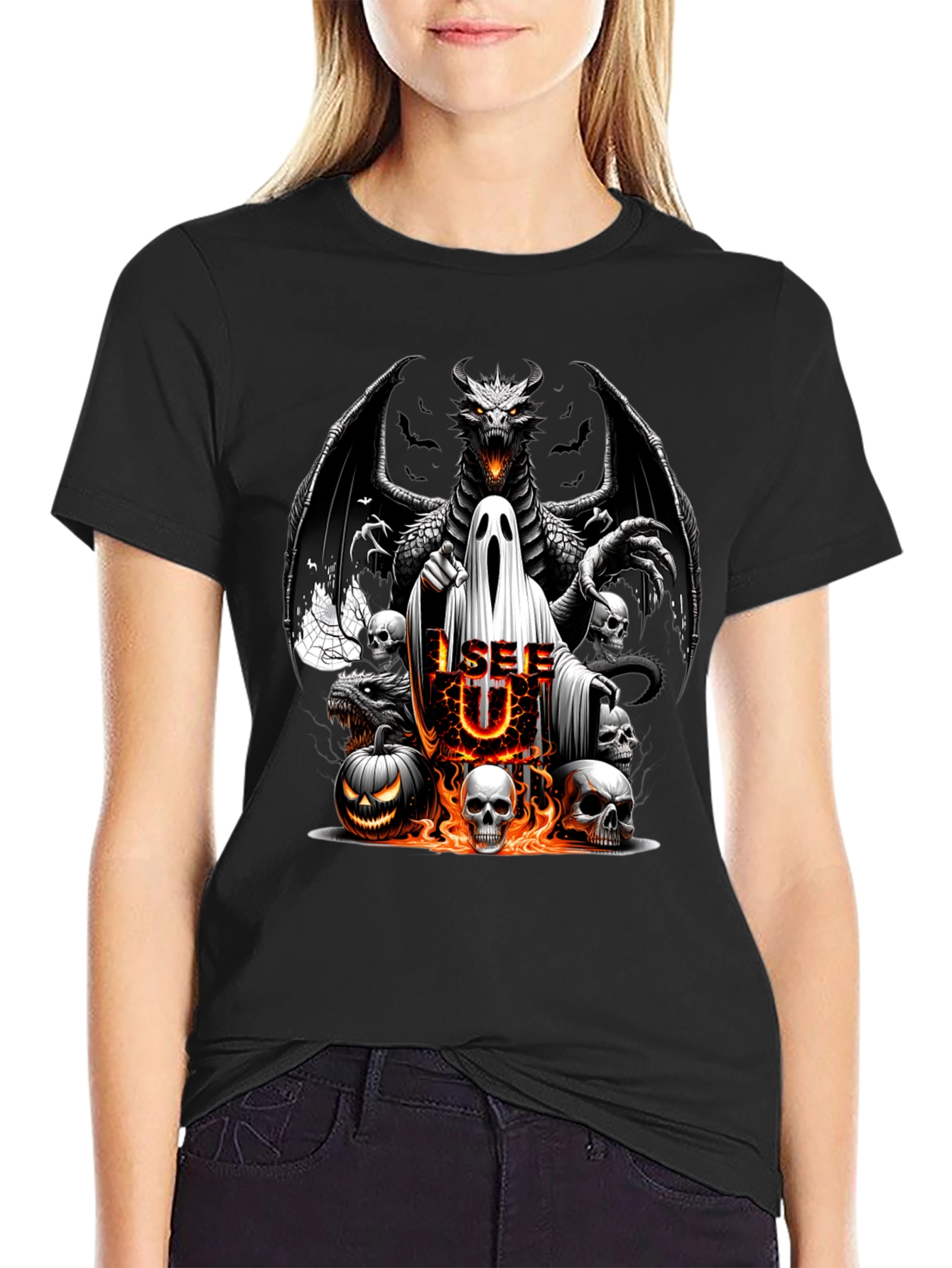 Halloween Dragon Ghost Skulls Graphic Tee