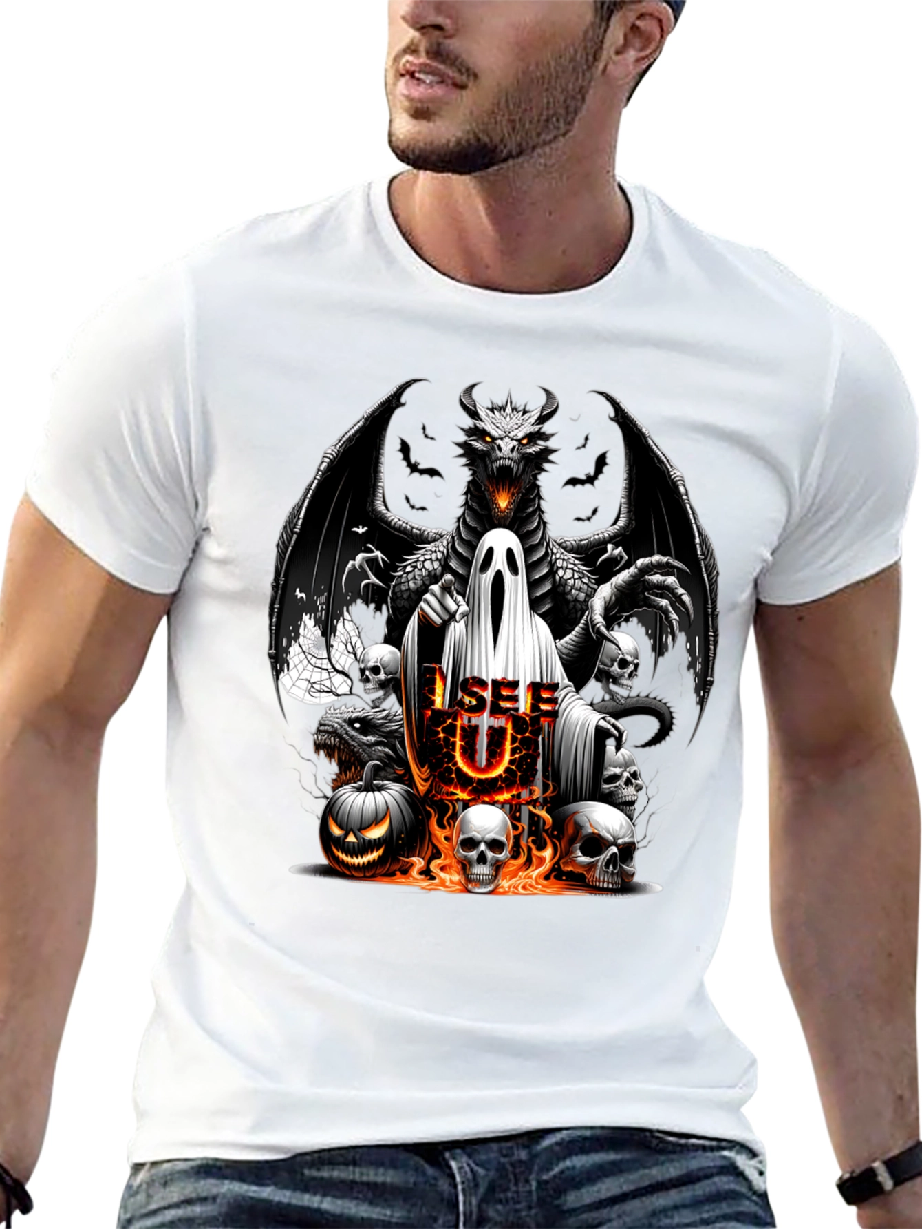 Halloween Dragon Ghost Skulls Graphic Tee