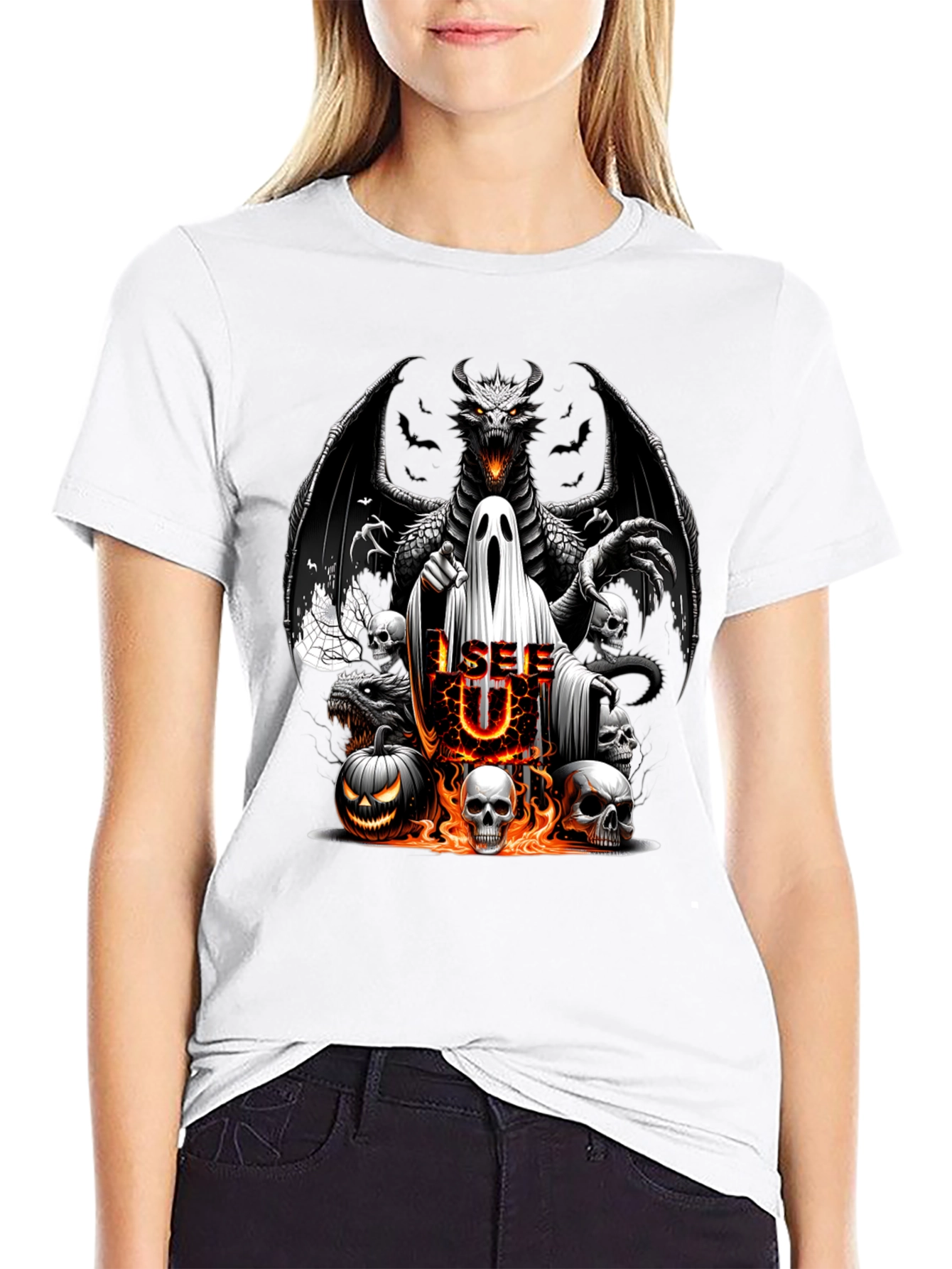 Halloween Dragon Ghost Skulls Graphic Tee