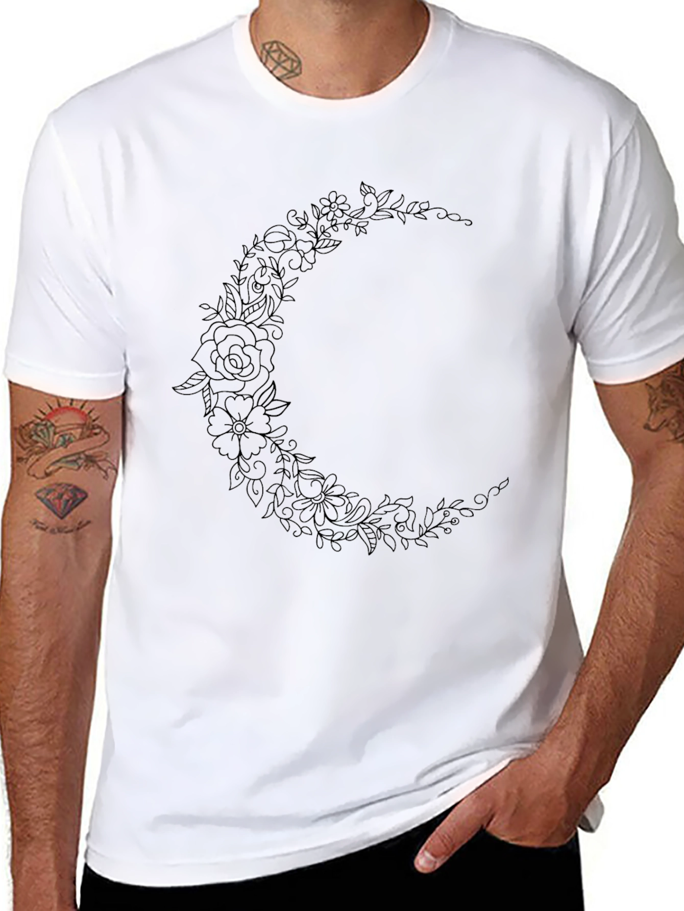 Floral Crescent Moon Black Graphic Tee