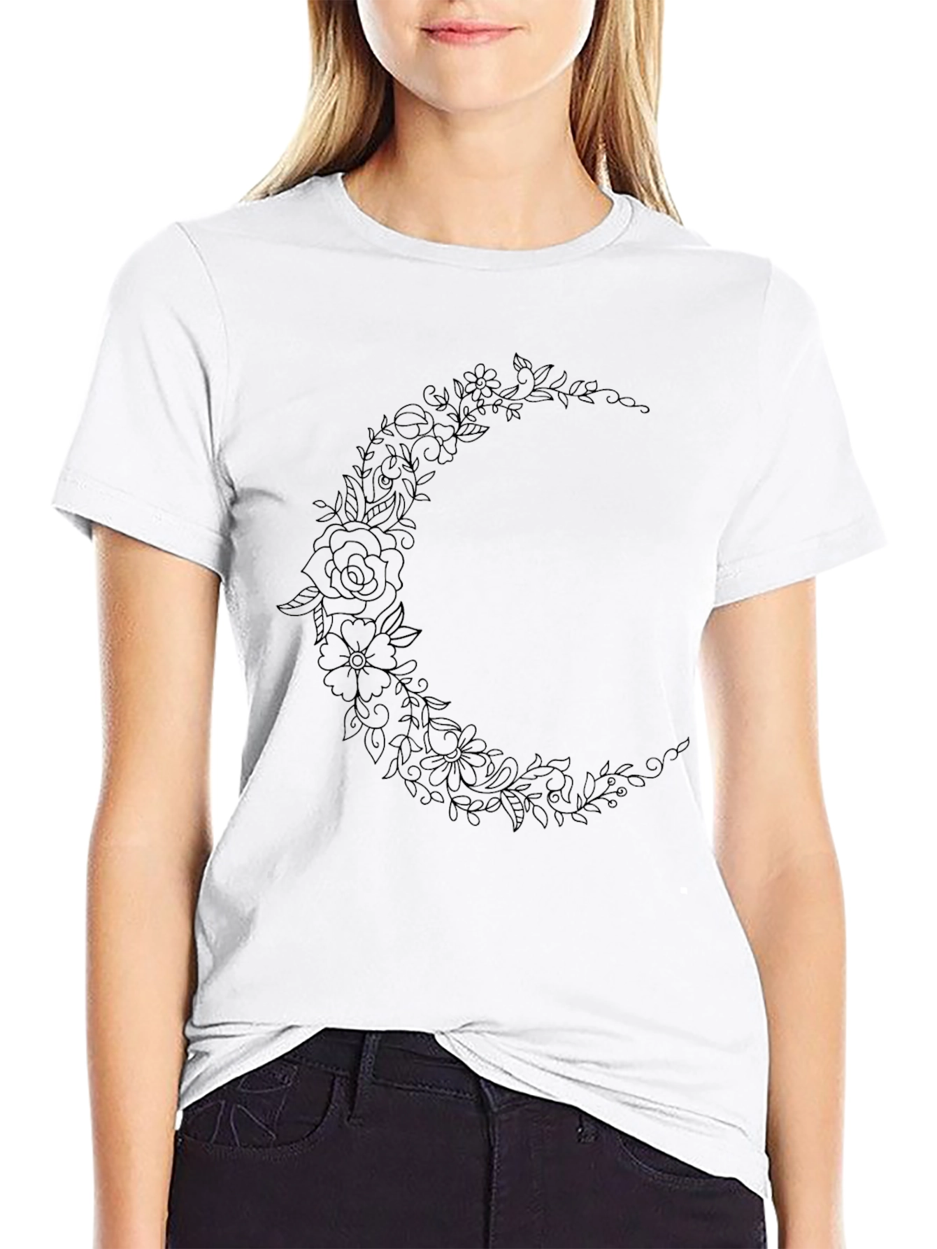 Floral Crescent Moon Black Graphic Tee