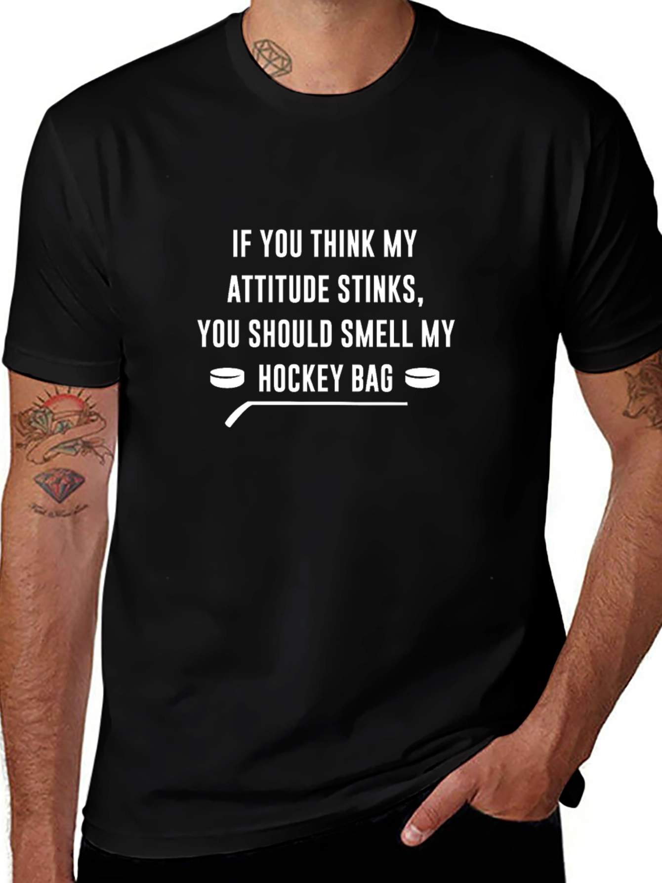Humorous Hockey T-Shirt: Attitude Stinks Smell My Bag!
