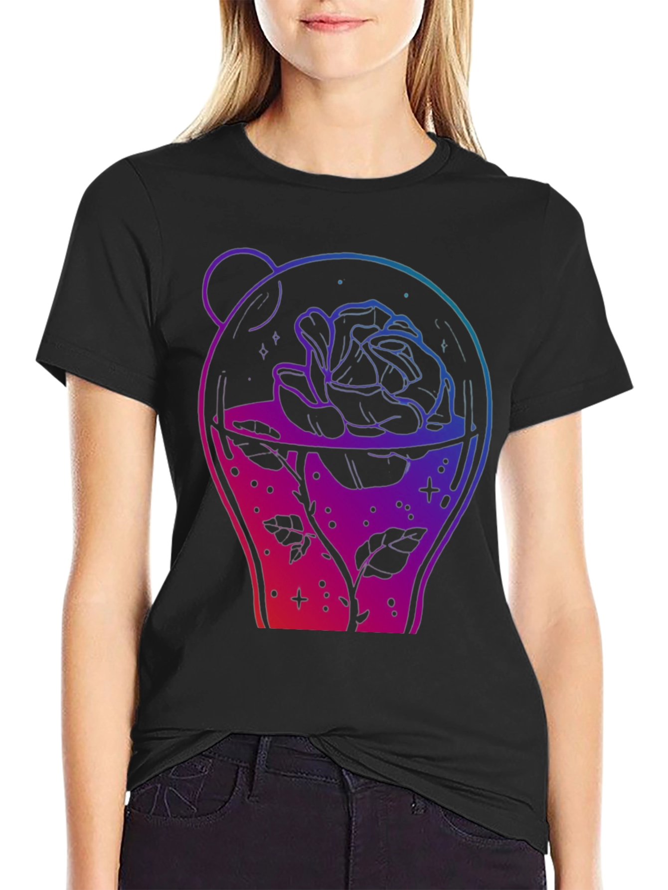 Rose in Jar Graphic Print Black T-Shirt