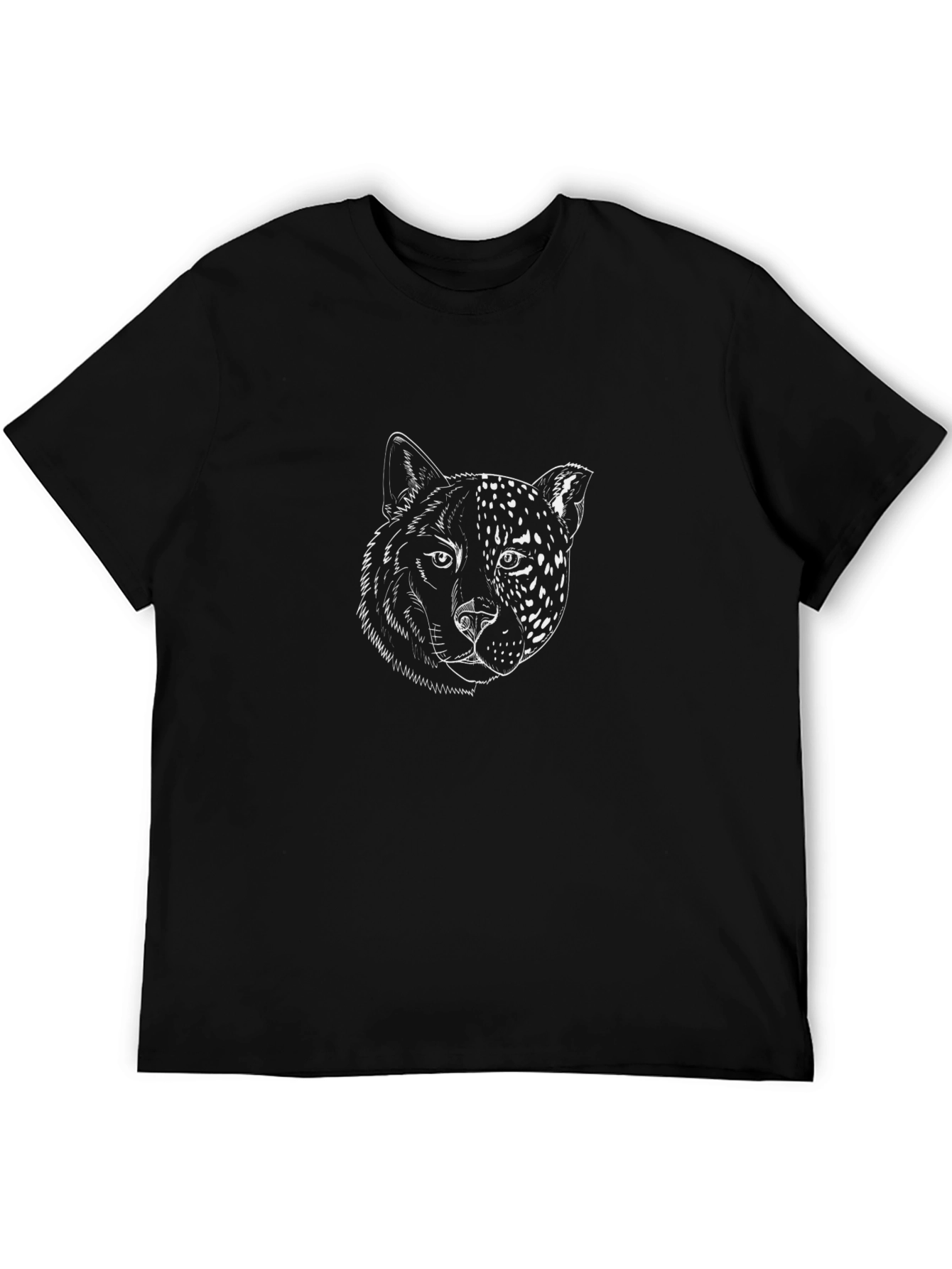 Black T-Shirt with Wolf & Leopard Face Graphic
