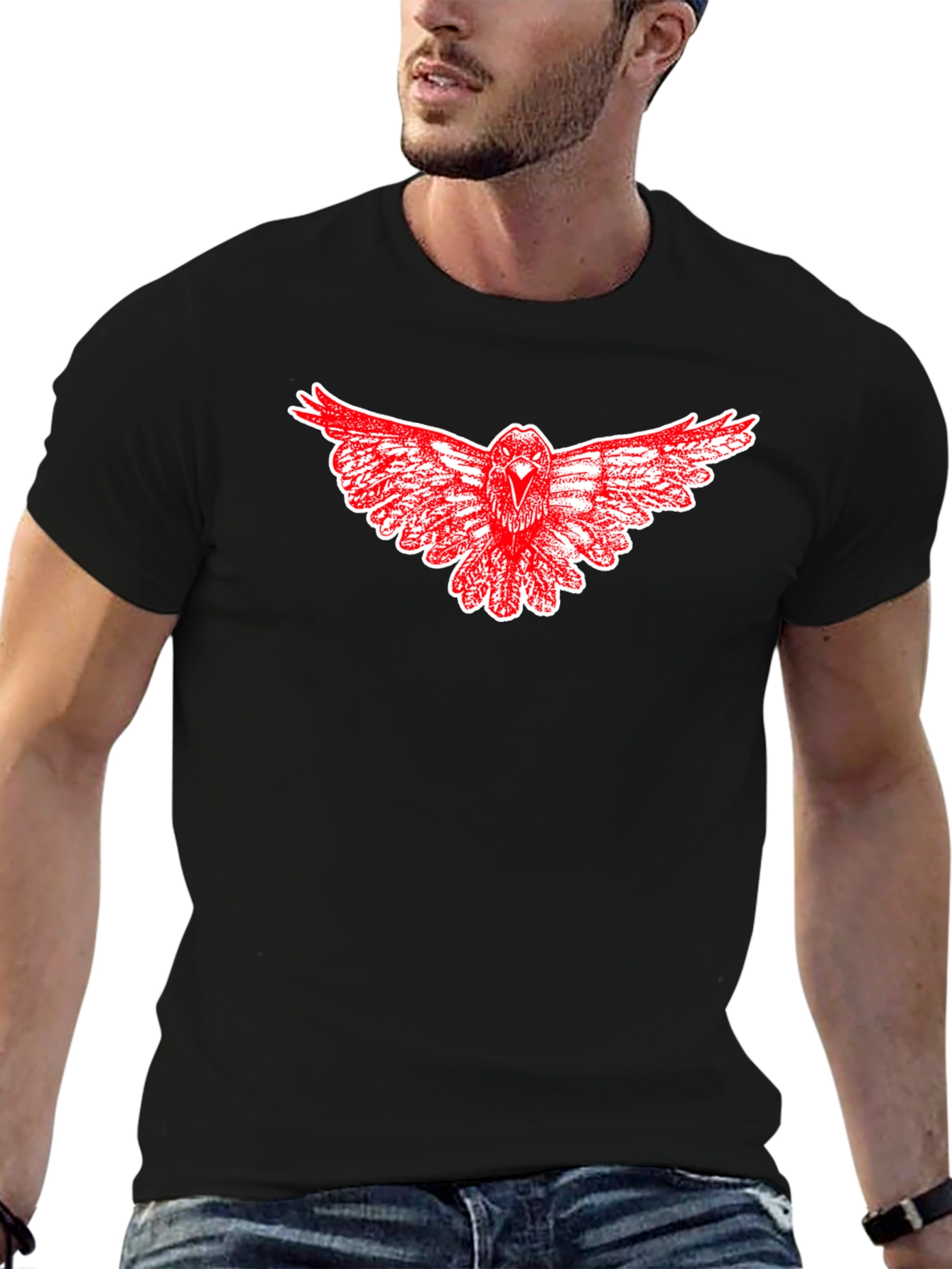 Black T-Shirt with Red Raven Graphic