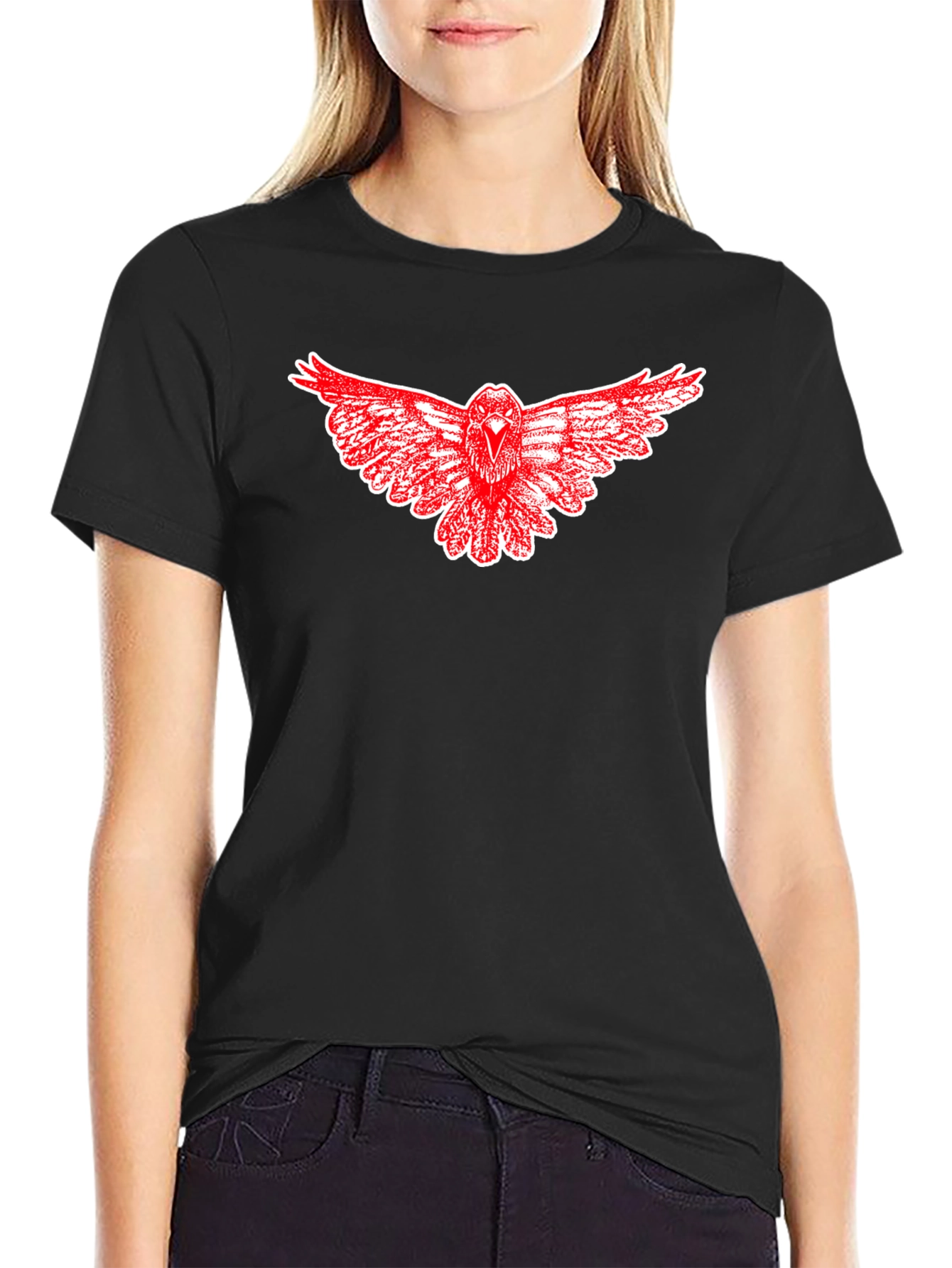 Black T-Shirt with Red Raven Graphic