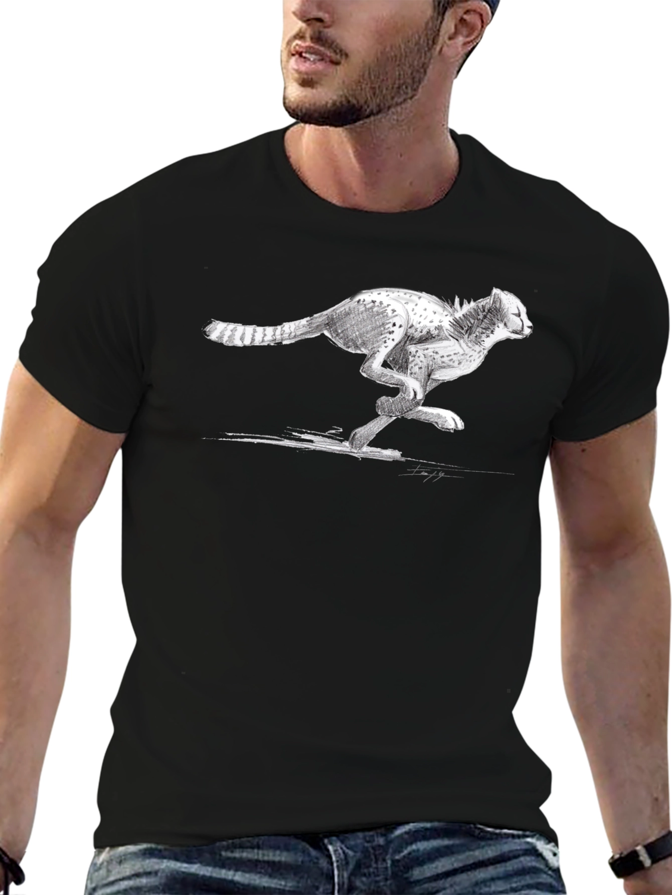 Cheetah Sketch Graphic Tee - Black Cotton T-Shirt