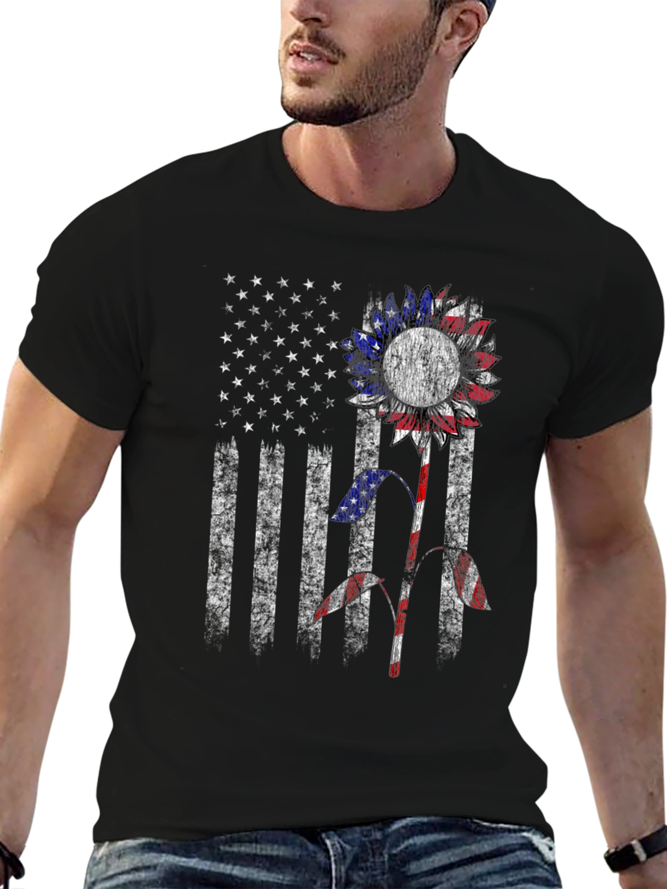 American Flag Sunflower Graphic Tee - Patriotic Style